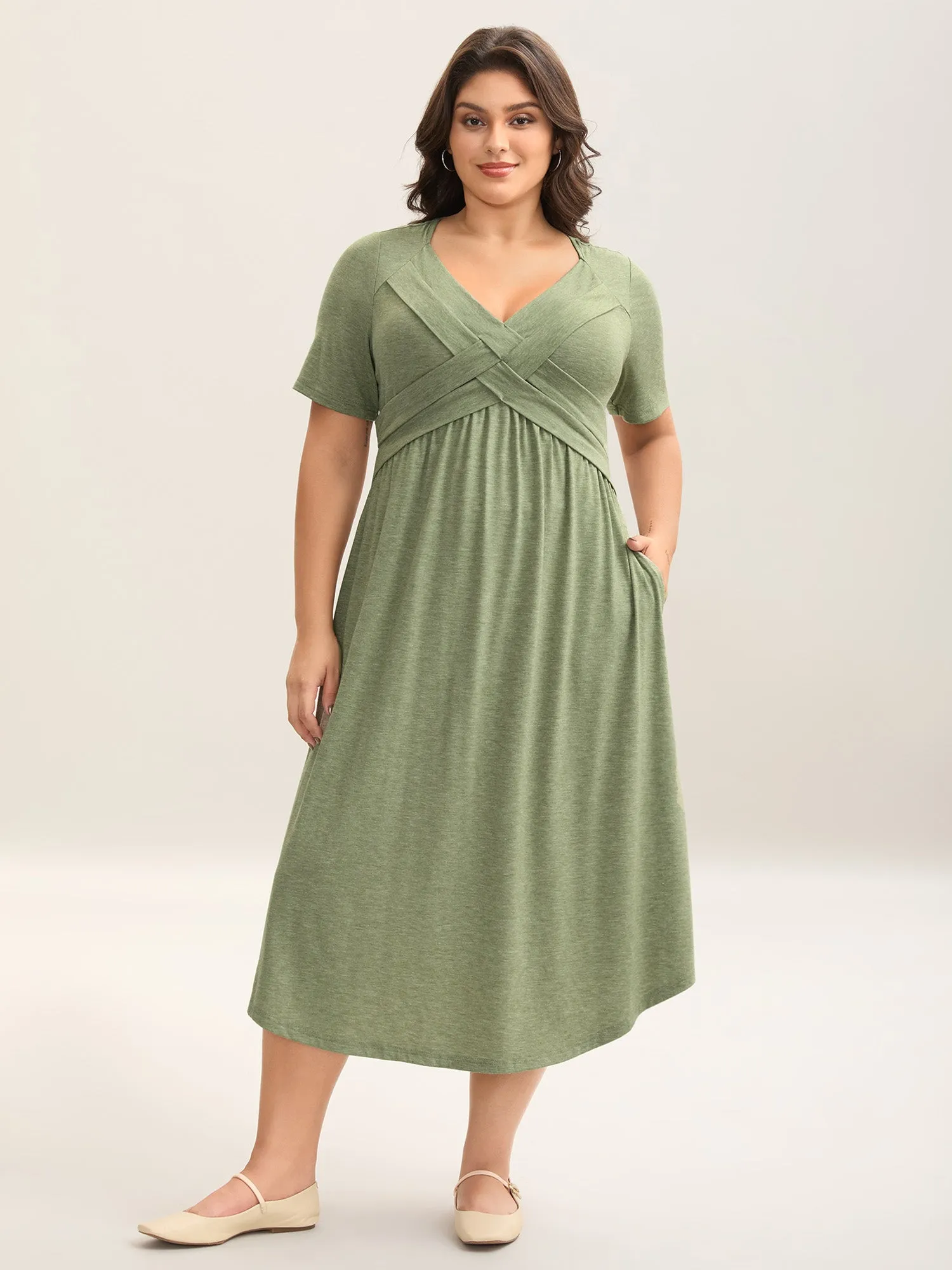 Crossover Bodice Stretchy Heather Midi Dress sold by Bloomchic