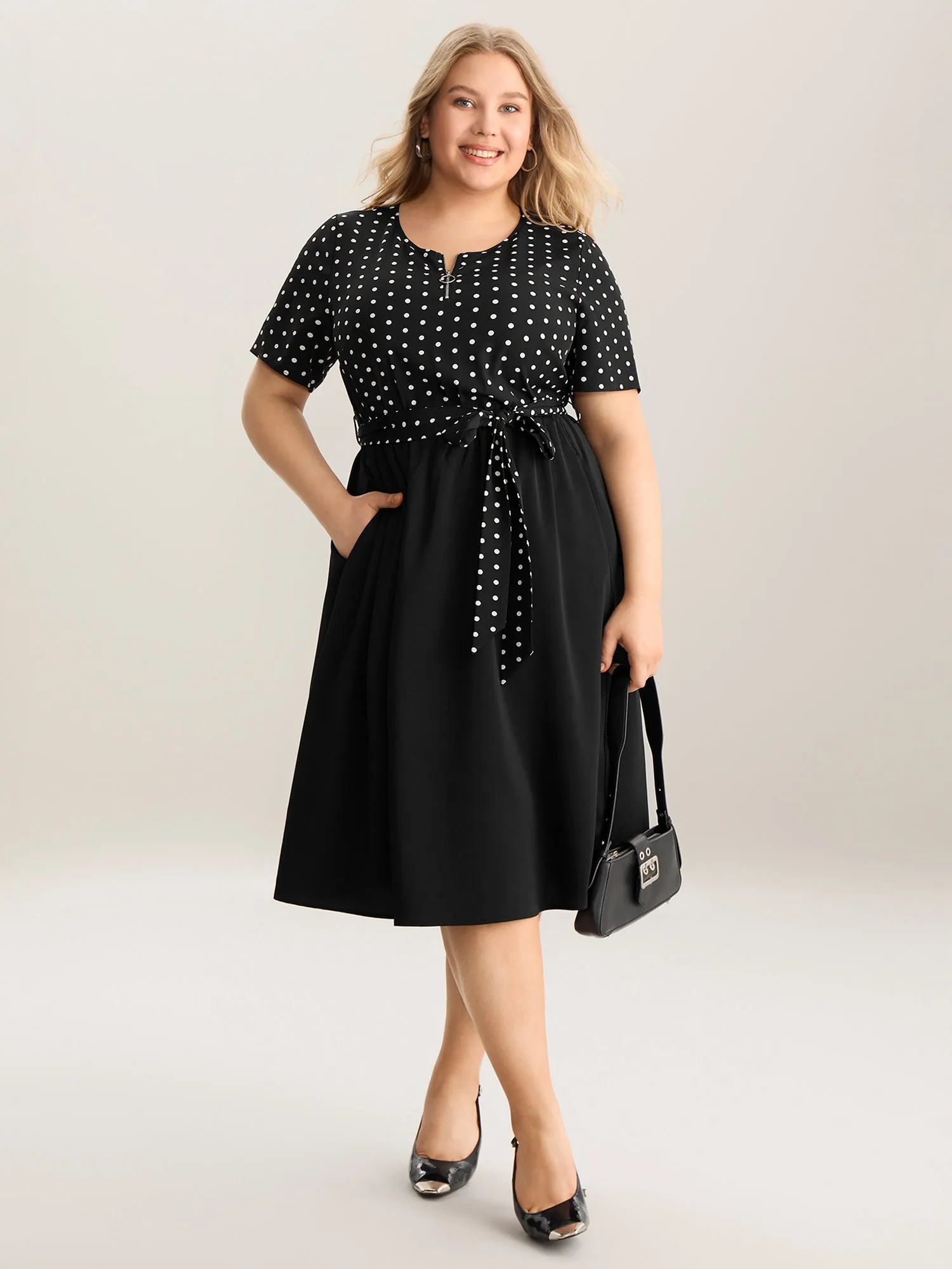Polka Dot Print Half Zipper Midi Dress sold by Bloomchic