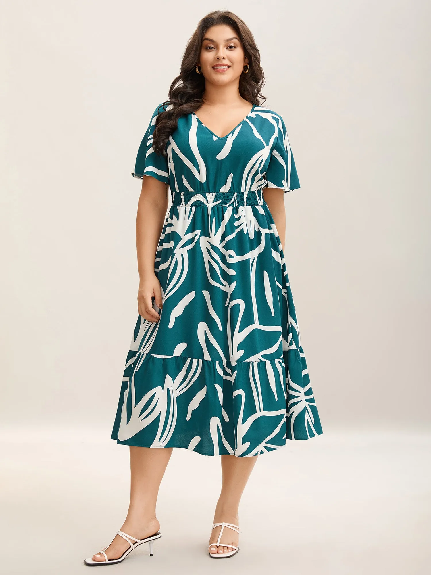 Large Flower Print Shirred Waist Midi Dress sold by Bloomchic product image thumbnail 3