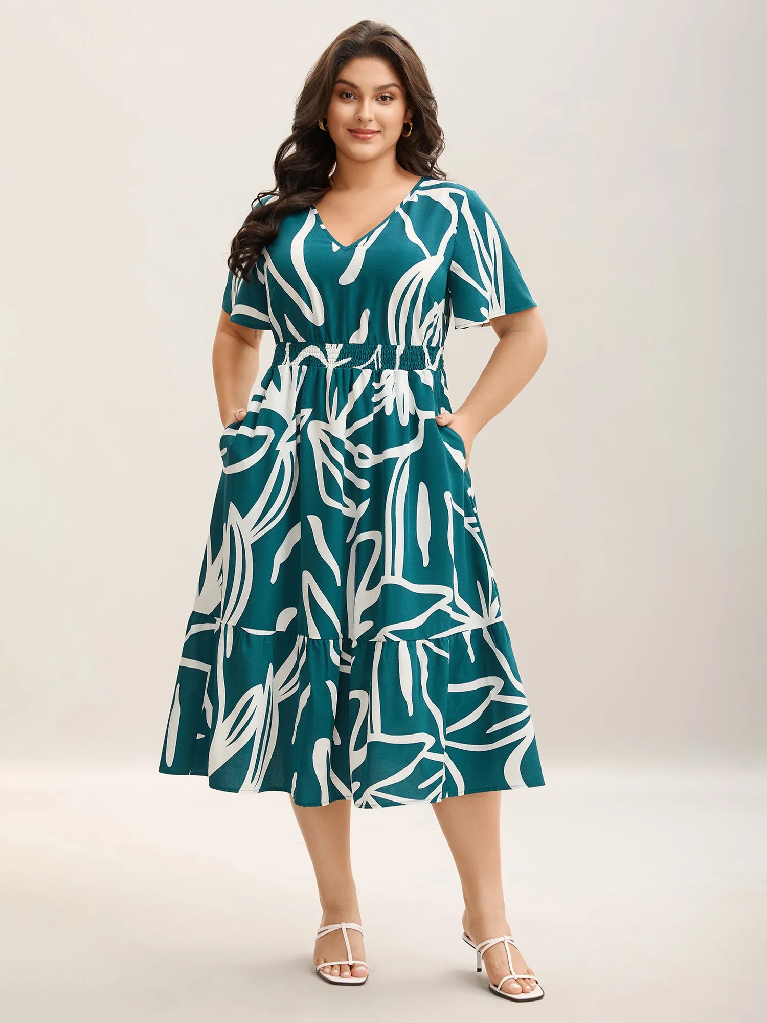 Large Flower Print Shirred Waist Midi Dress sold by Bloomchic