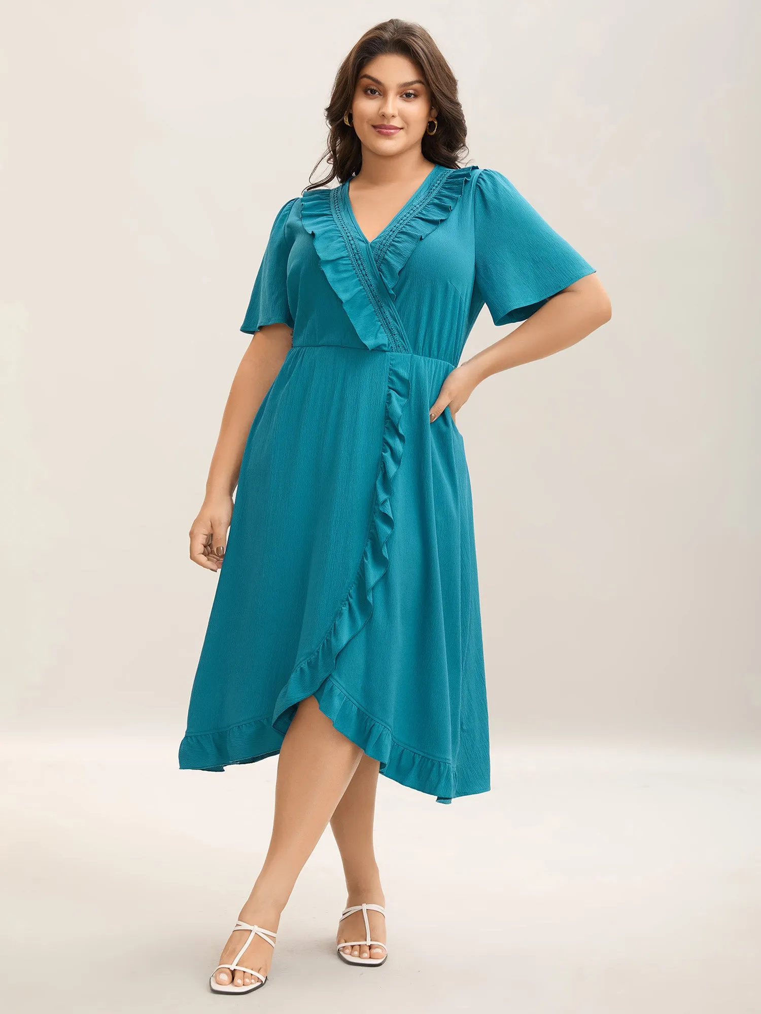 Ruffled Lace Trim Pockets Plain Midi Dress sold by Bloomchic product image thumbnail 3