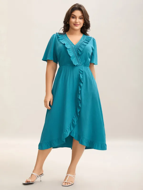 Ruffled Lace Trim Pockets Plain Midi Dress sold by Bloomchic