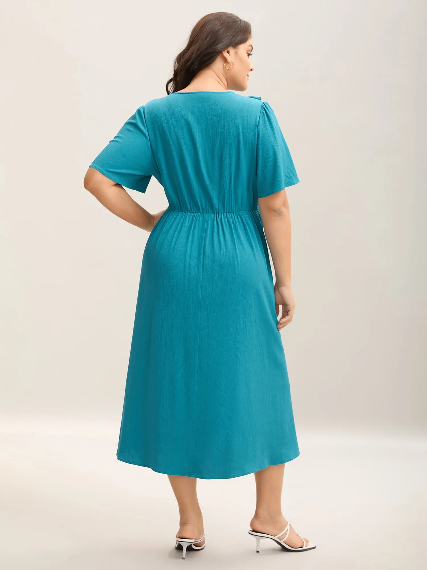 Ruffled Lace Trim Pockets Plain Midi Dress sold by Bloomchic product image thumbnail 4