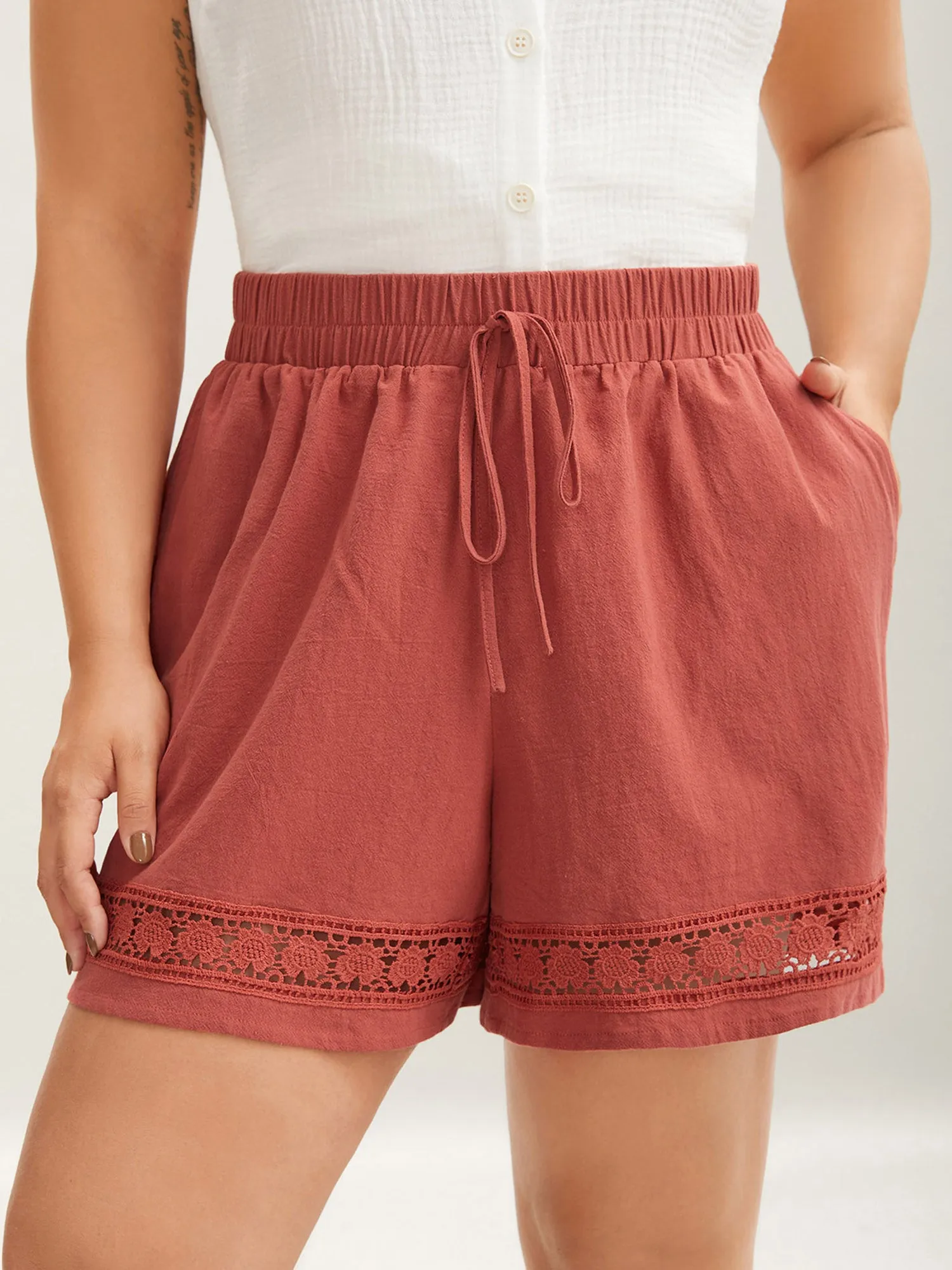 Lace Trim Waist-Tie Shorts sold by Bloomchic