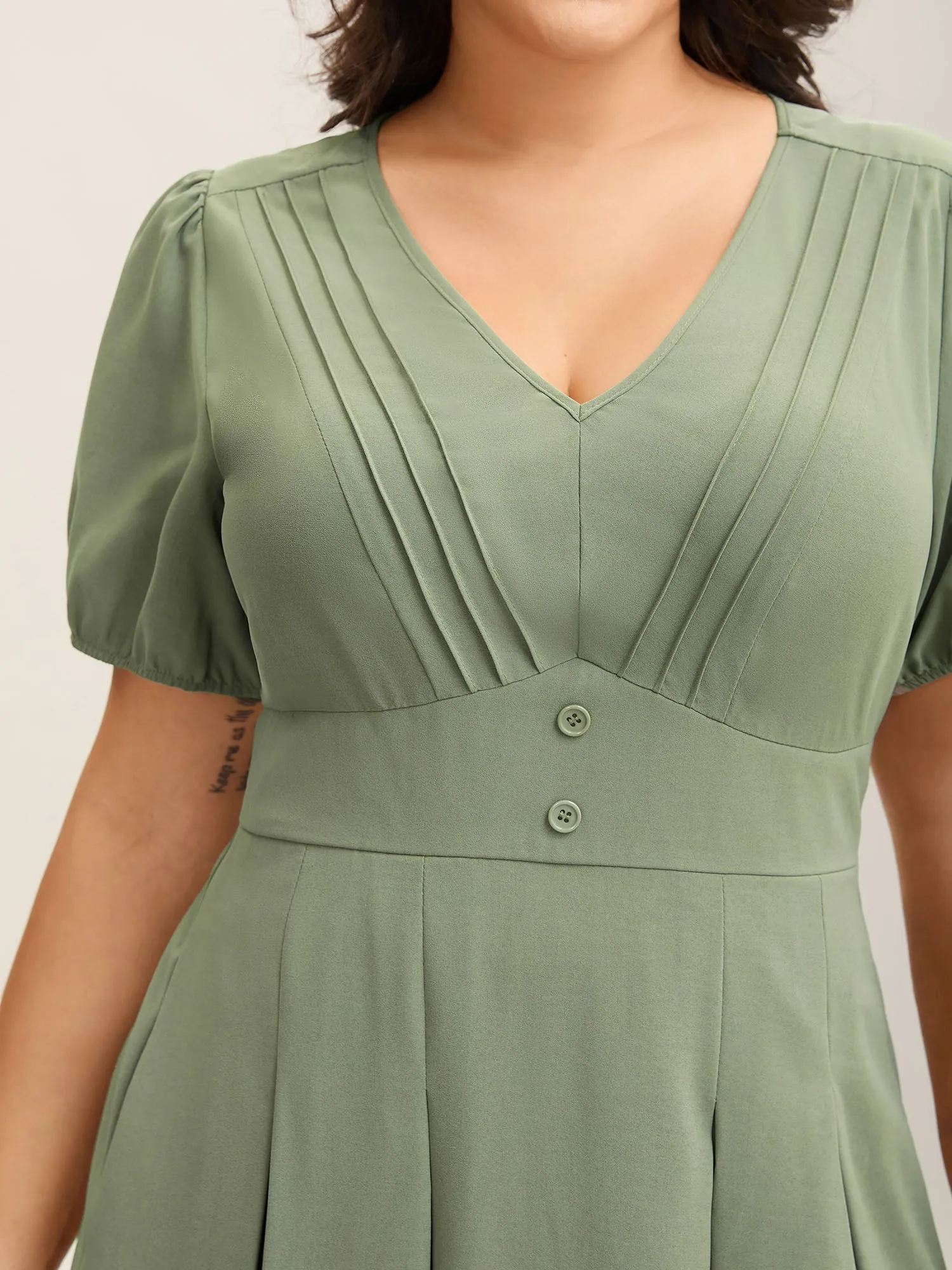 Pleated Neckline Cinched-Waist Solid Midi Dress sold by Bloomchic product image thumbnail 2