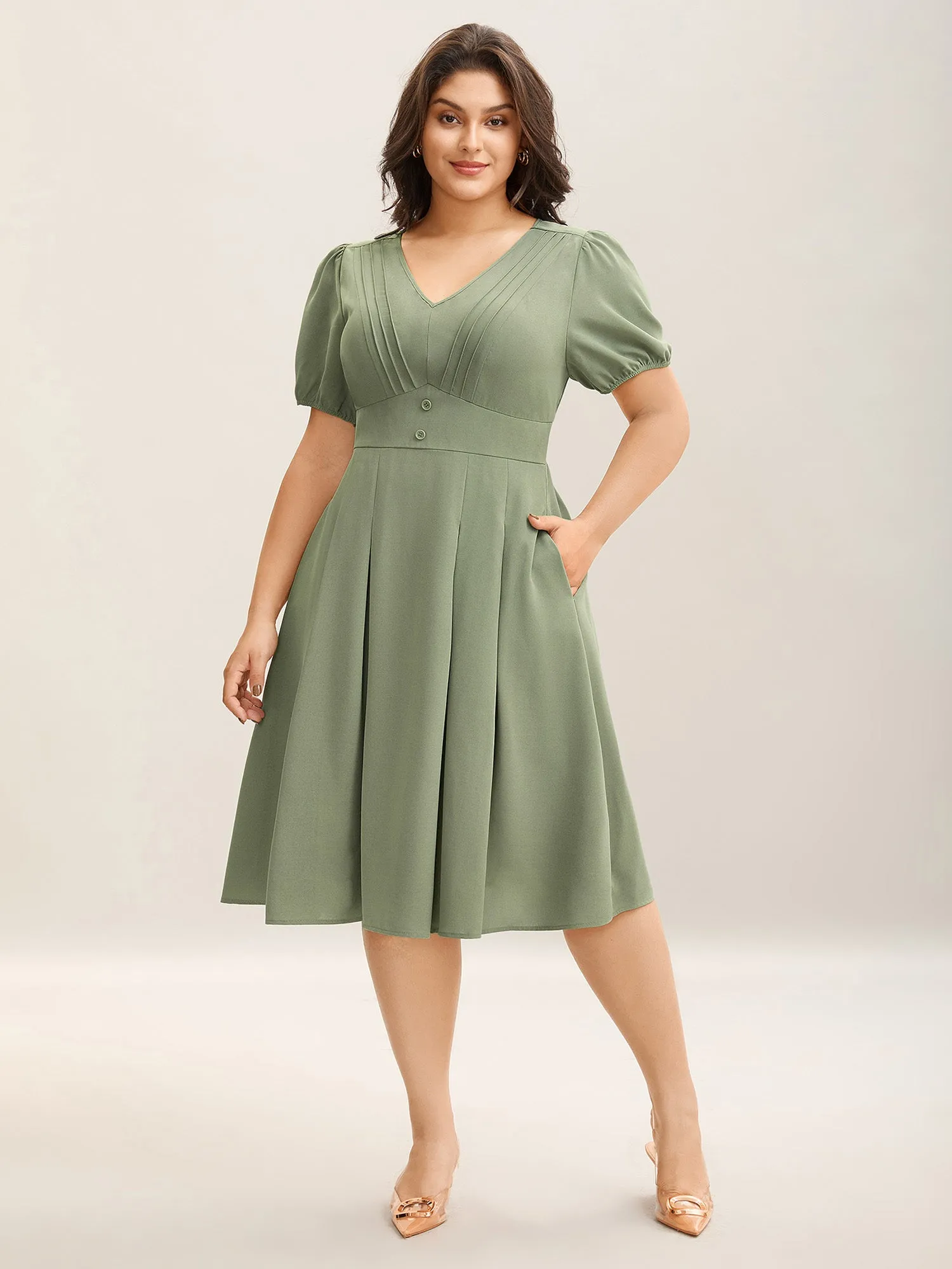Pleated Neckline Cinched-Waist Solid Midi Dress sold by Bloomchic product image thumbnail 3