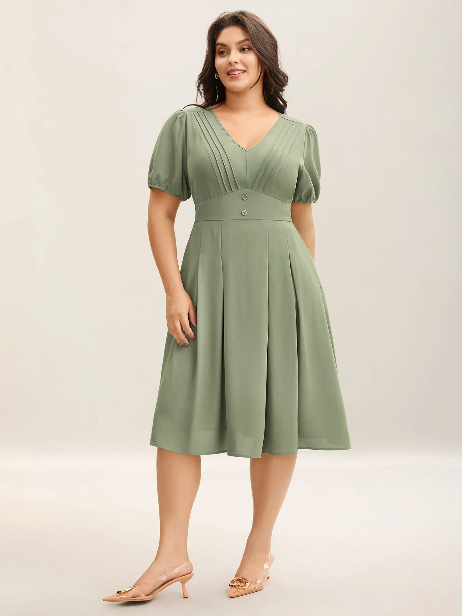 Pleated Neckline Cinched-Waist Solid Midi Dress sold by Bloomchic