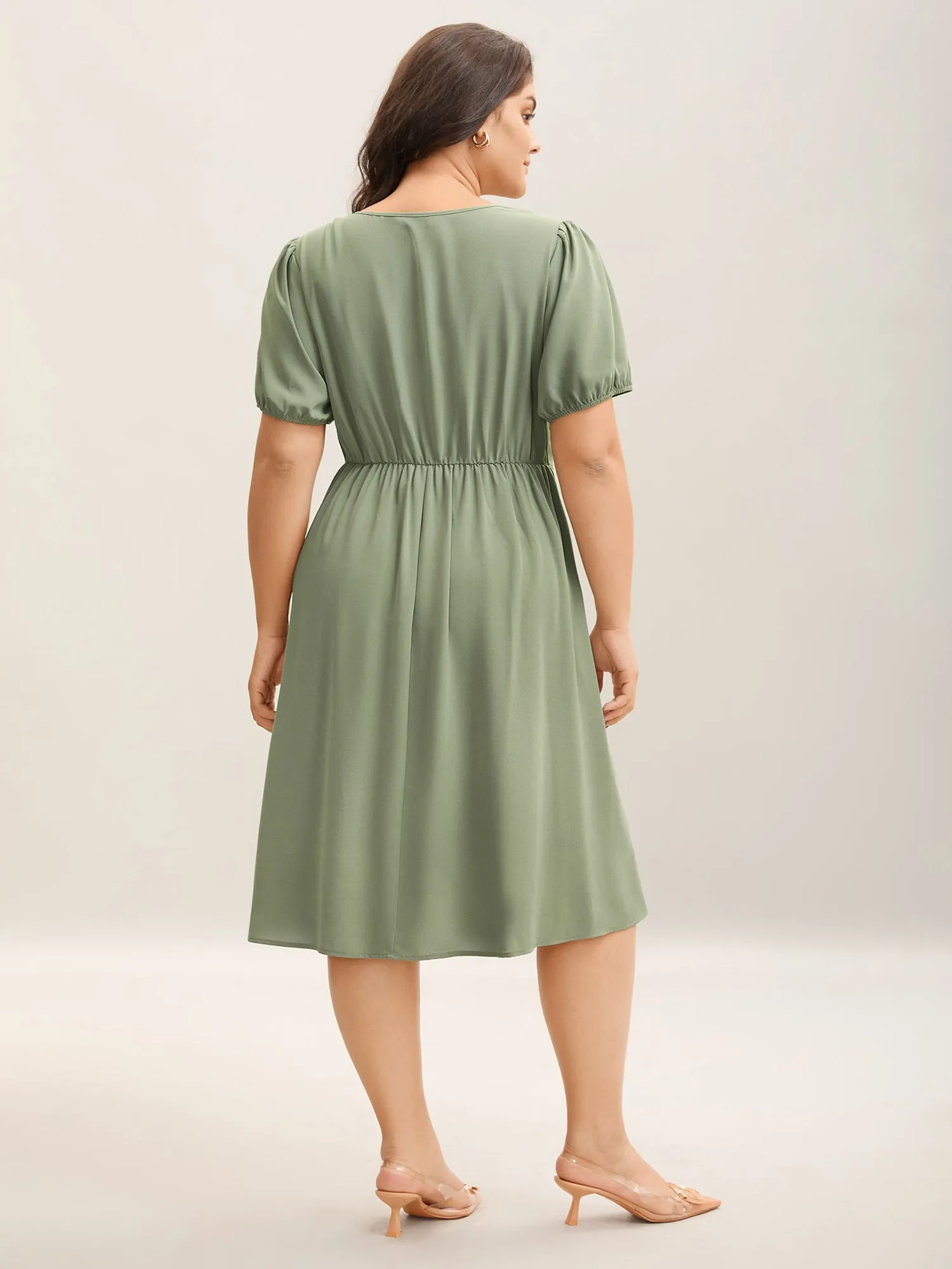 Pleated Neckline Cinched-Waist Solid Midi Dress sold by Bloomchic product image thumbnail 4