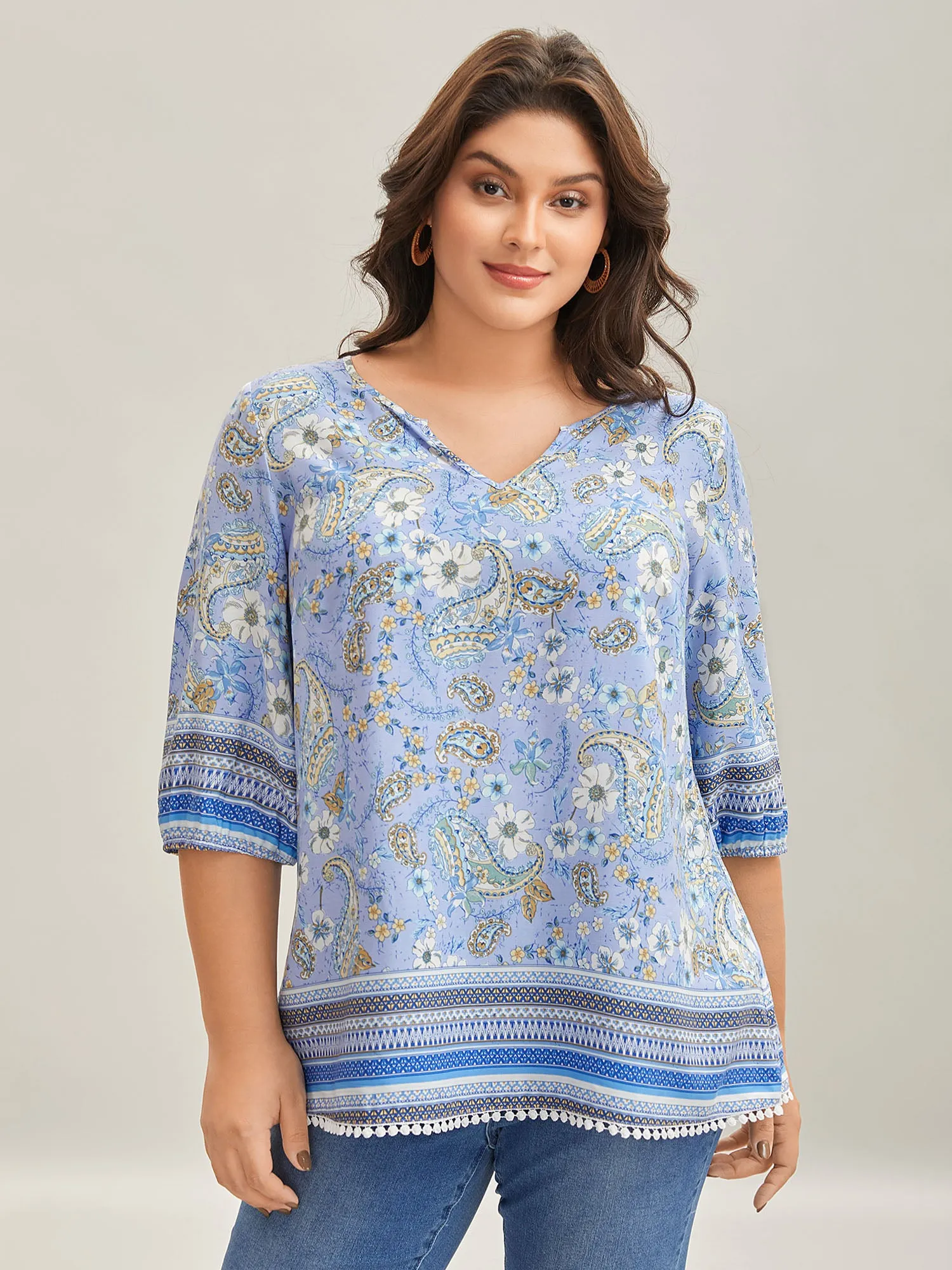 Paisley Print Lantern Sleeve Flowy Blouse sold by Bloomchic
