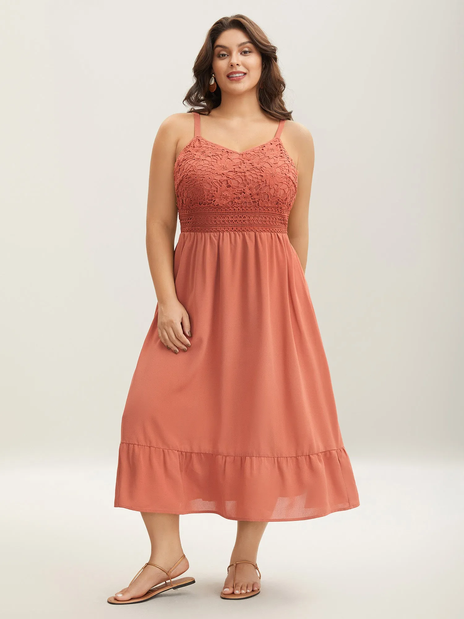 Lace Patchwork Stretchy Waist Midi Dress sold by Bloomchic