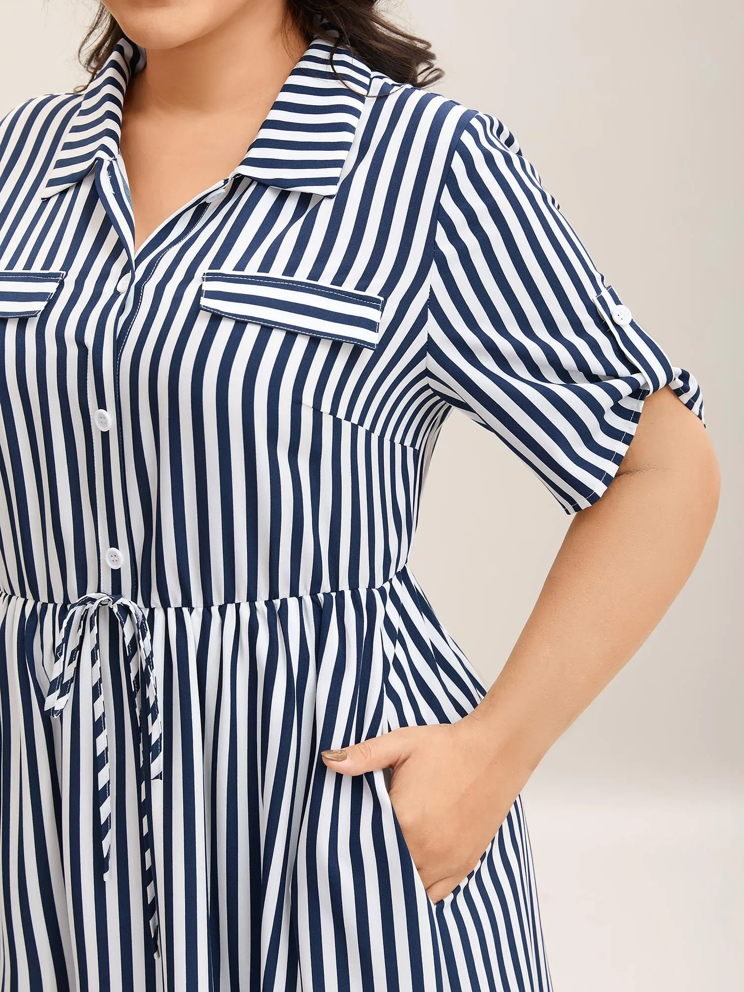 Striped Print Waist-Tie Button Midi Dress sold by Bloomchic product image thumbnail 2