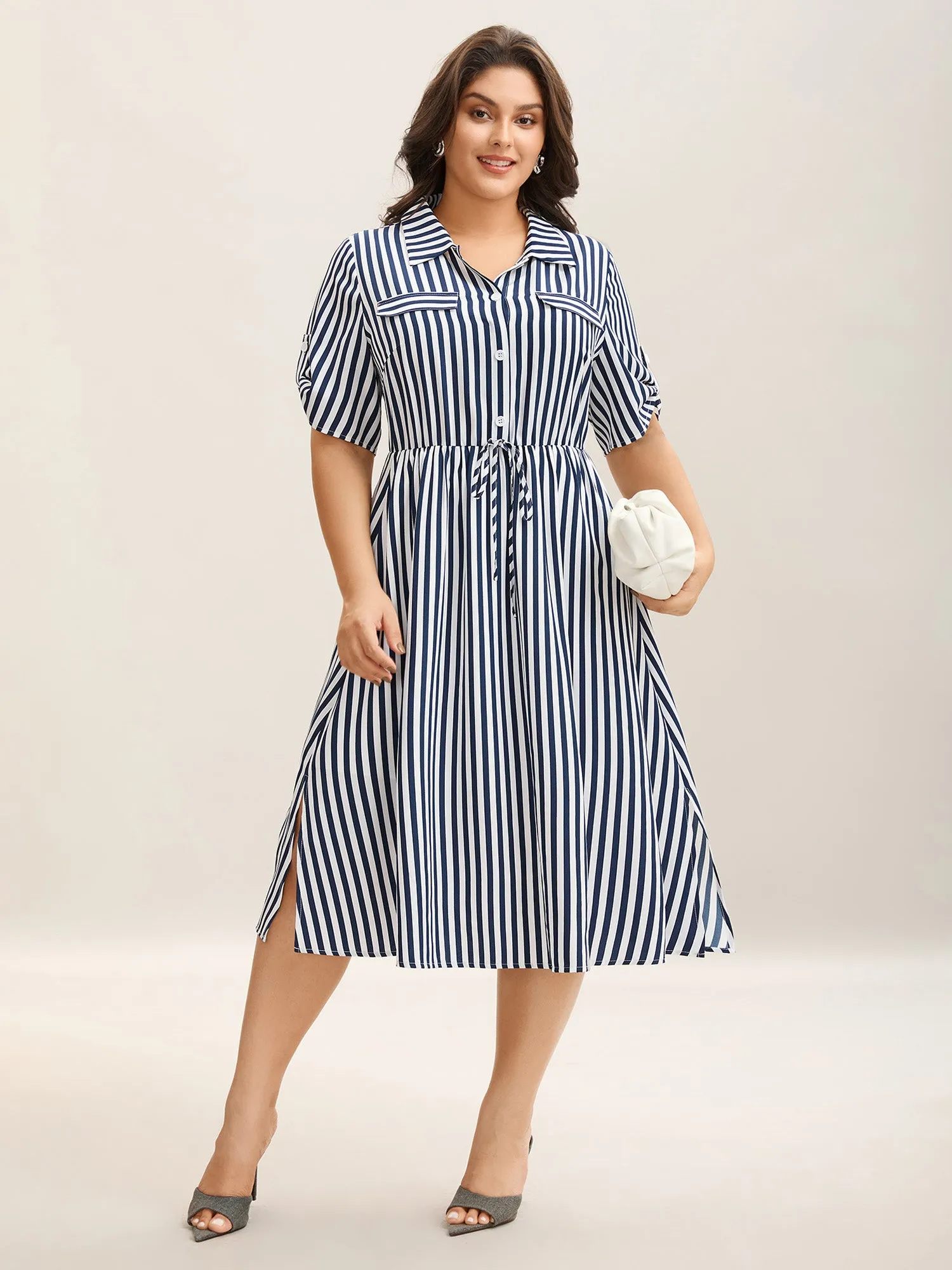 Striped Print Waist-Tie Button Midi Dress sold by Bloomchic