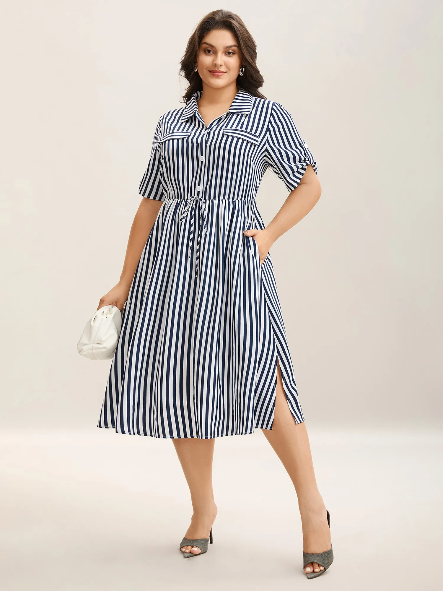 Striped Print Waist-Tie Button Midi Dress sold by Bloomchic product image thumbnail 3