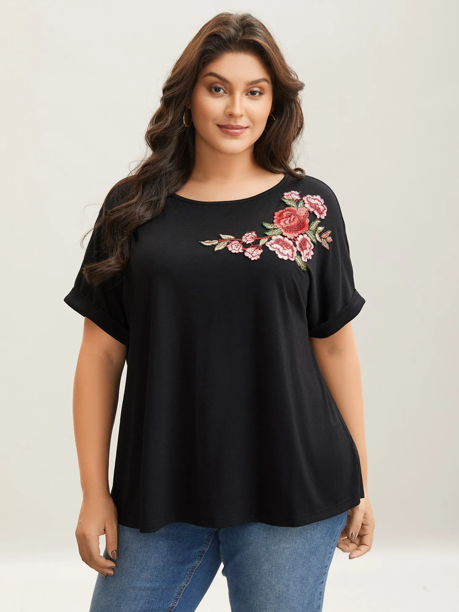 Floral Detail Stretchy Knit Plain Top sold by Bloomchic