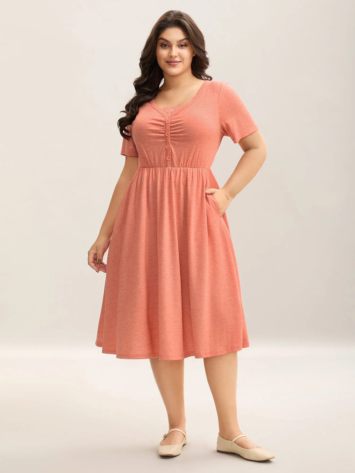 Stretchy Knit Ruched Pockets Midi Dress sold by Bloomchic