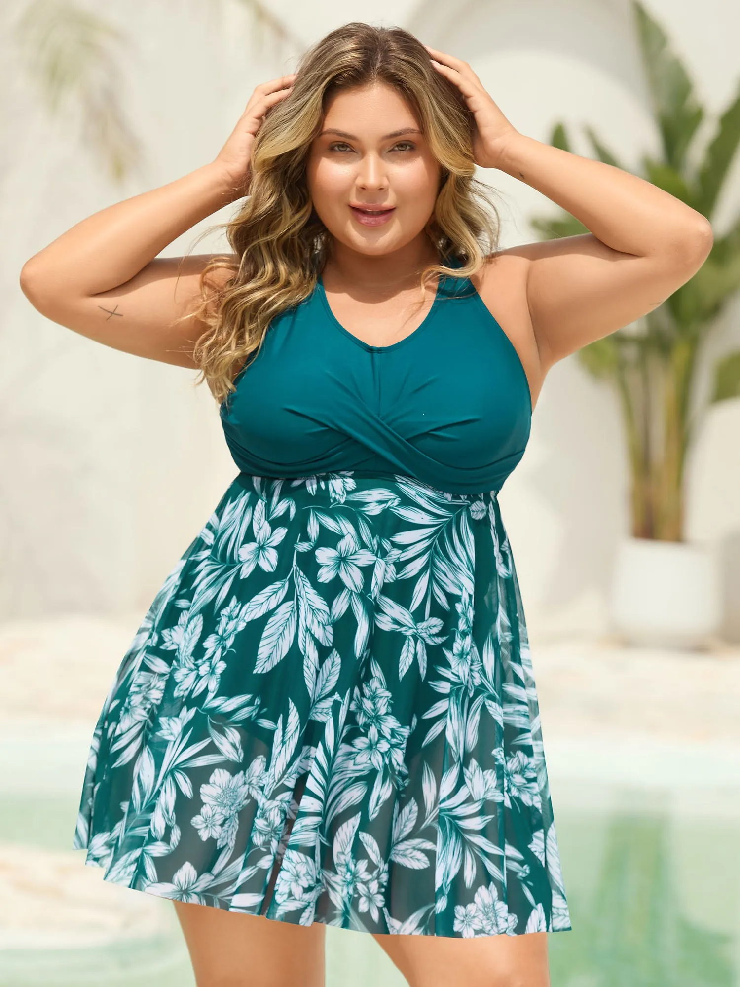 Twist Front Mesh Tropical Print Swim Dress sold by Bloomchic