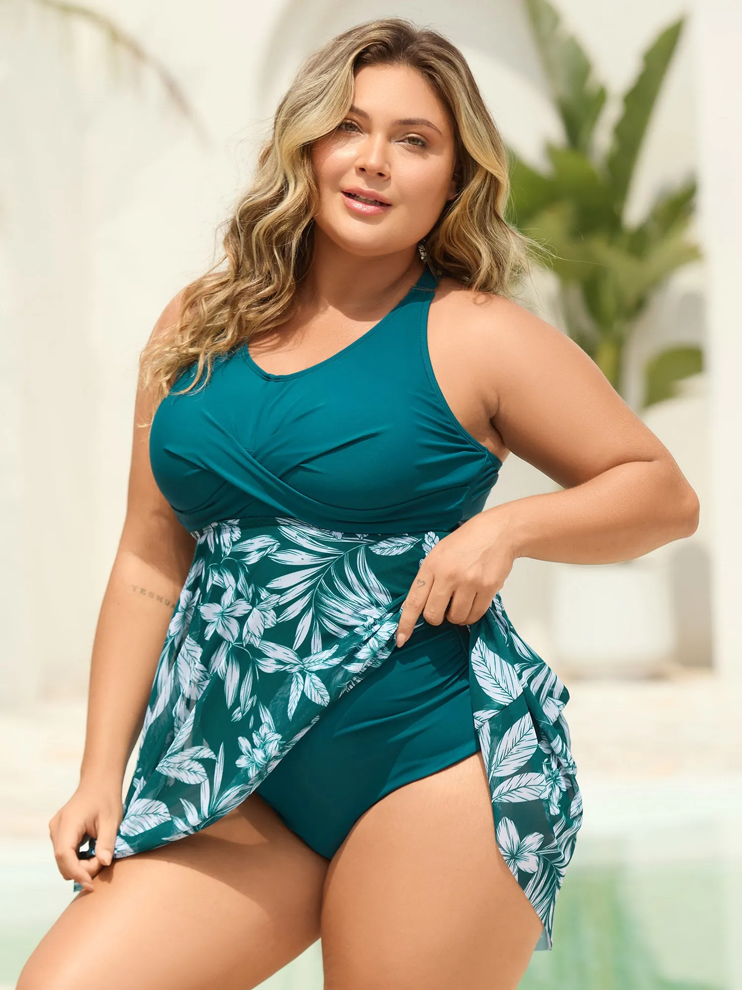 Twist Front Mesh Tropical Print Swim Dress sold by Bloomchic product image thumbnail 4