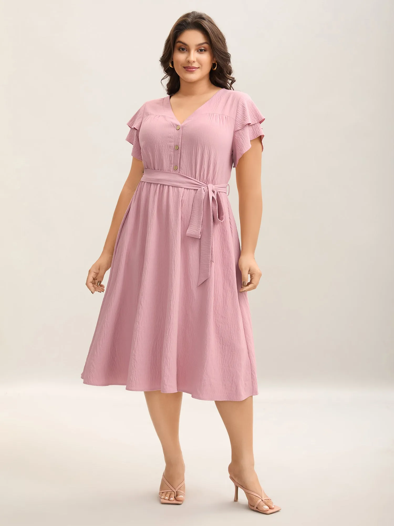 Layered Ruffled Sleeve Fake Placket Midi Dress sold by Bloomchic product image thumbnail 3