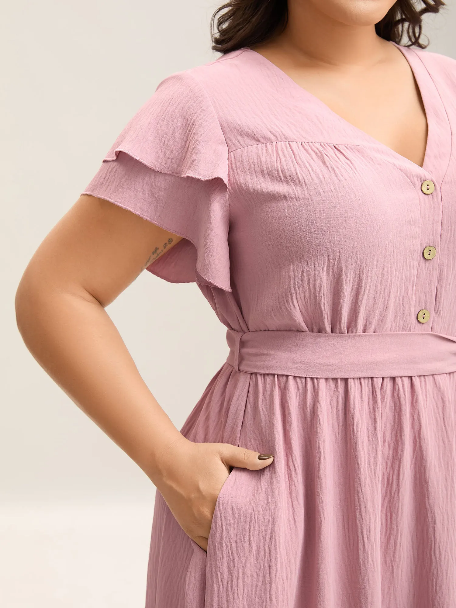 Layered Ruffled Sleeve Fake Placket Midi Dress sold by Bloomchic product image thumbnail 2