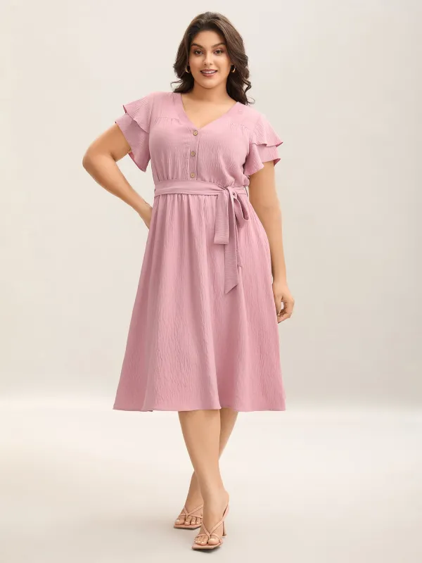 Layered Ruffled Sleeve Fake Placket Midi Dress sold by Bloomchic