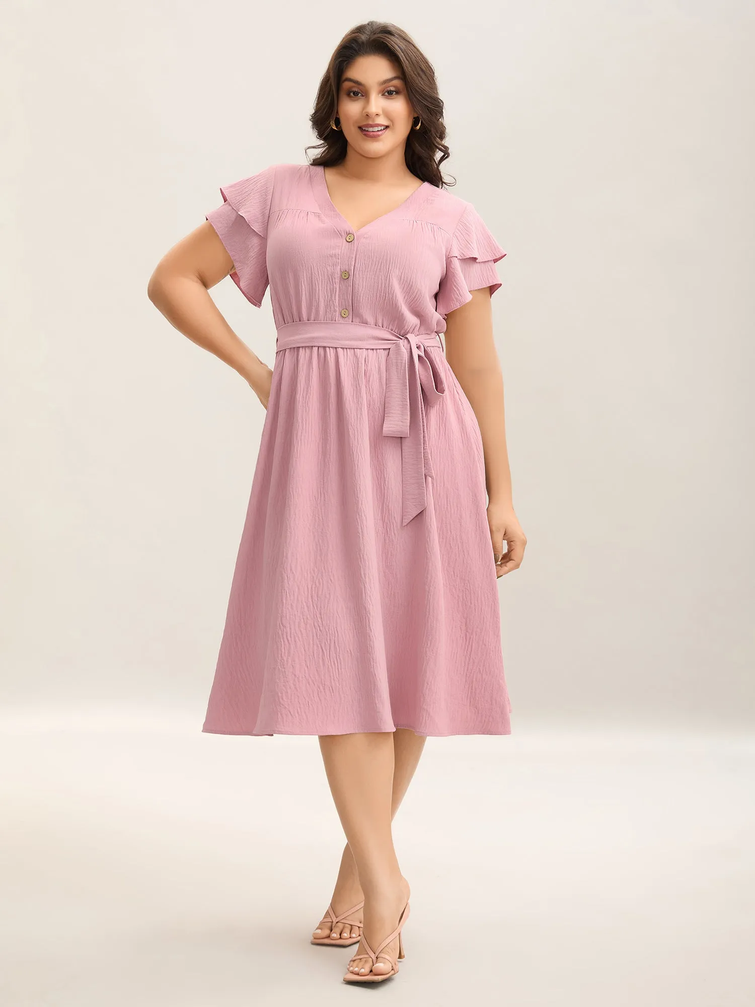 Layered Ruffled Sleeve Fake Placket Midi Dress sold by Bloomchic