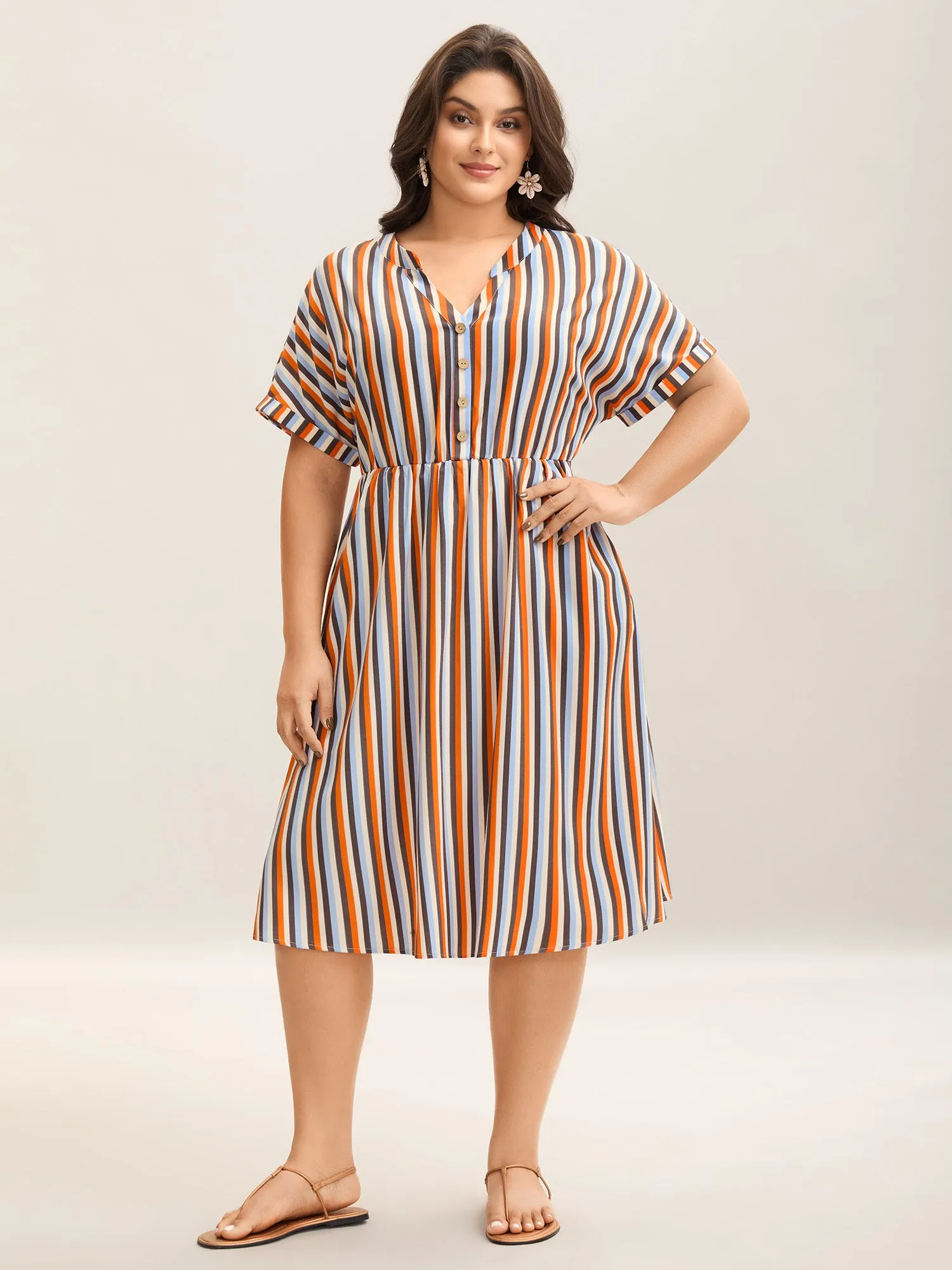 Stripes Notched Collar Pockets Midi Dress sold by Bloomchic