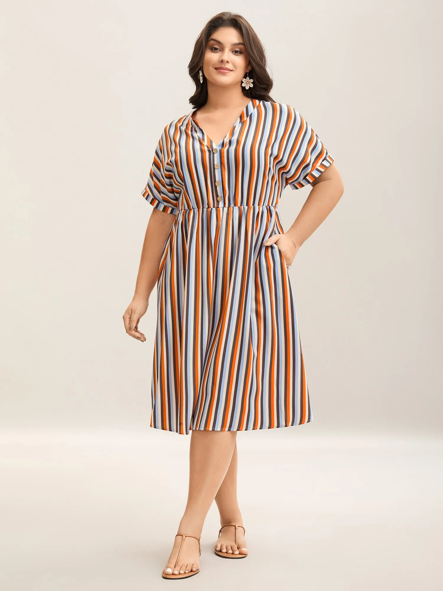 Stripes Notched Collar Pockets Midi Dress sold by Bloomchic product image thumbnail 3