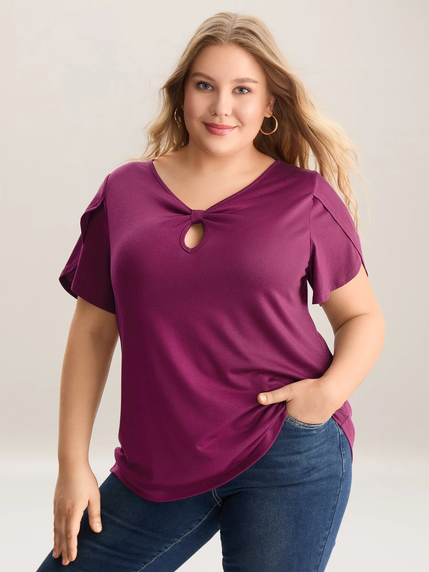 Petal Sleeve Keyhole Plain T-Shirt sold by Bloomchic