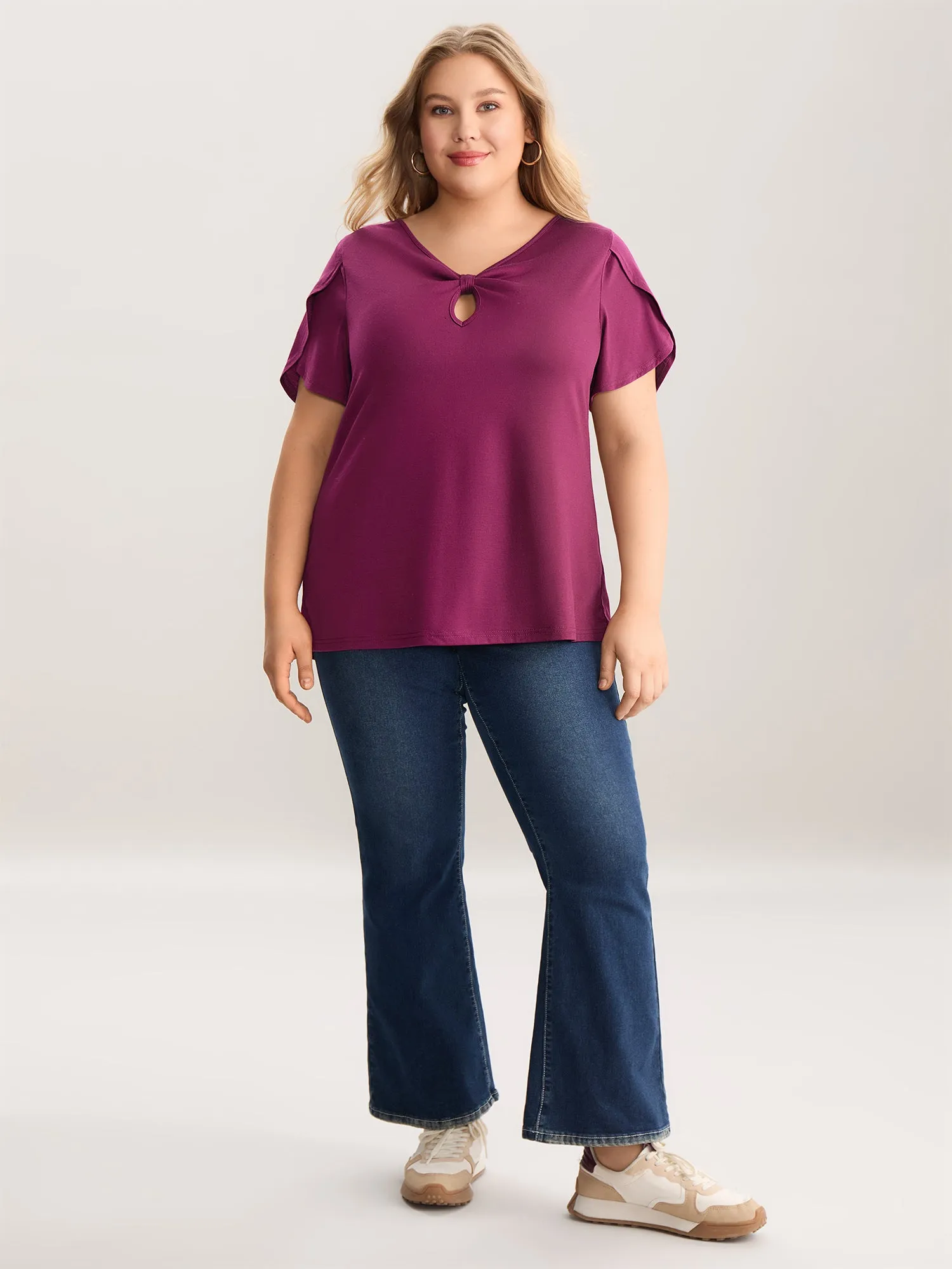 Petal Sleeve Keyhole Plain T-Shirt sold by Bloomchic product image thumbnail 3