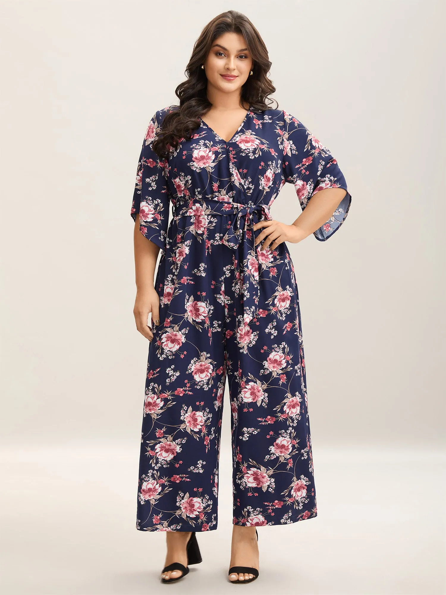 Large Flower Pattern Pockets Belted Jumpsuit sold by Bloomchic