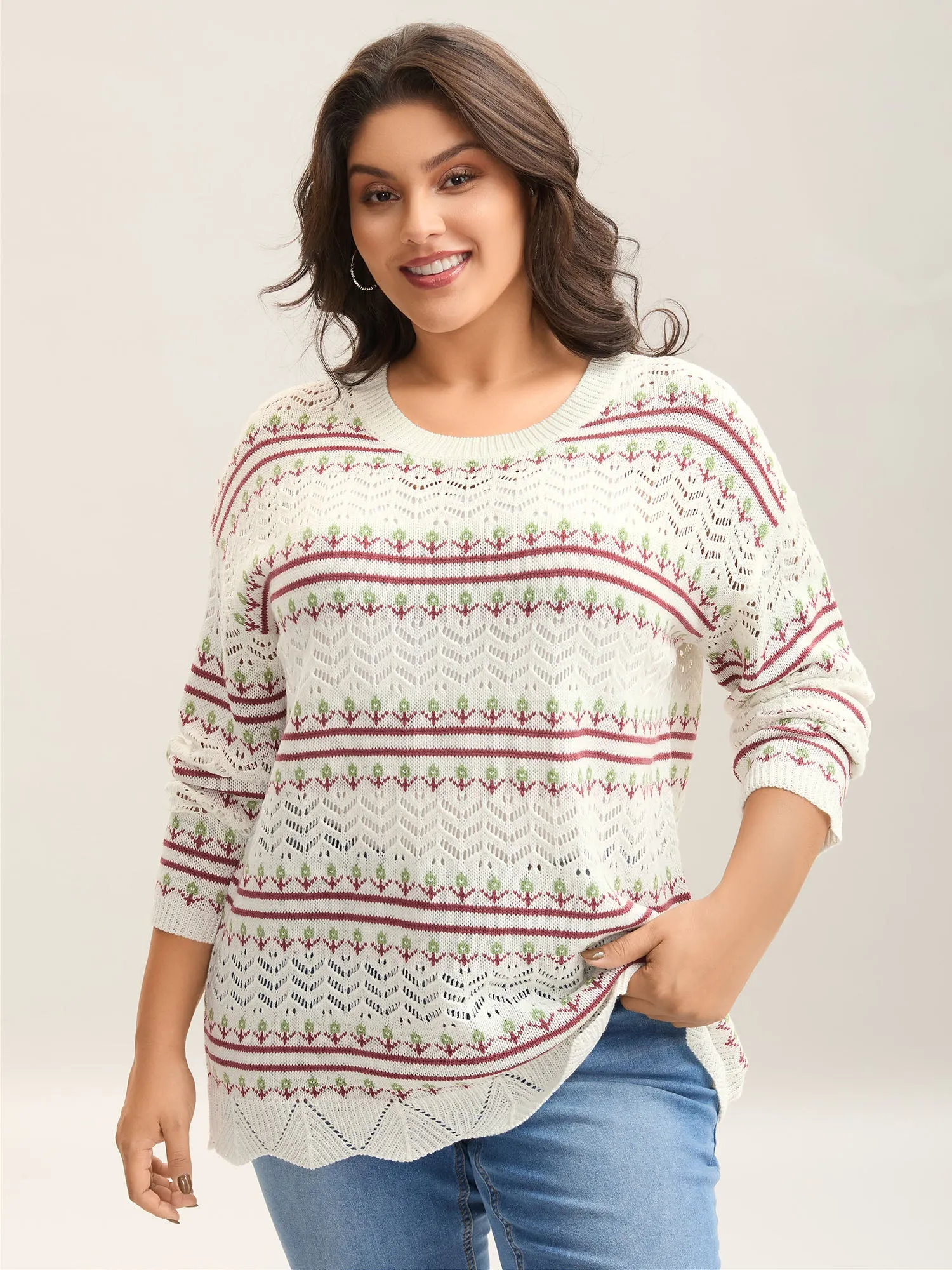 Jacquard Pattern Crew Neck Ribbed Pullover sold by Bloomchic
