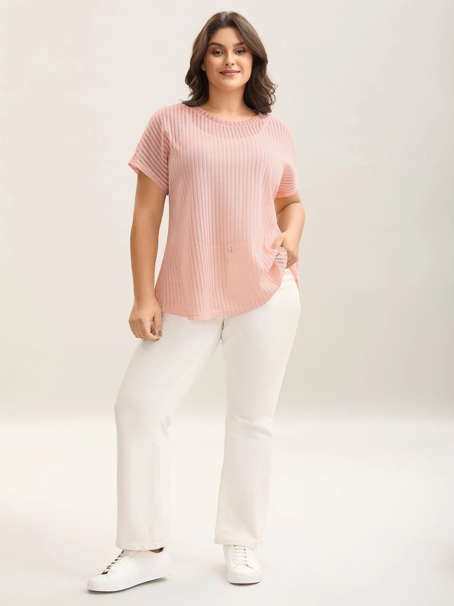 Sheer Stretchy Knit Crewneck Top sold by Bloomchic product image thumbnail 3