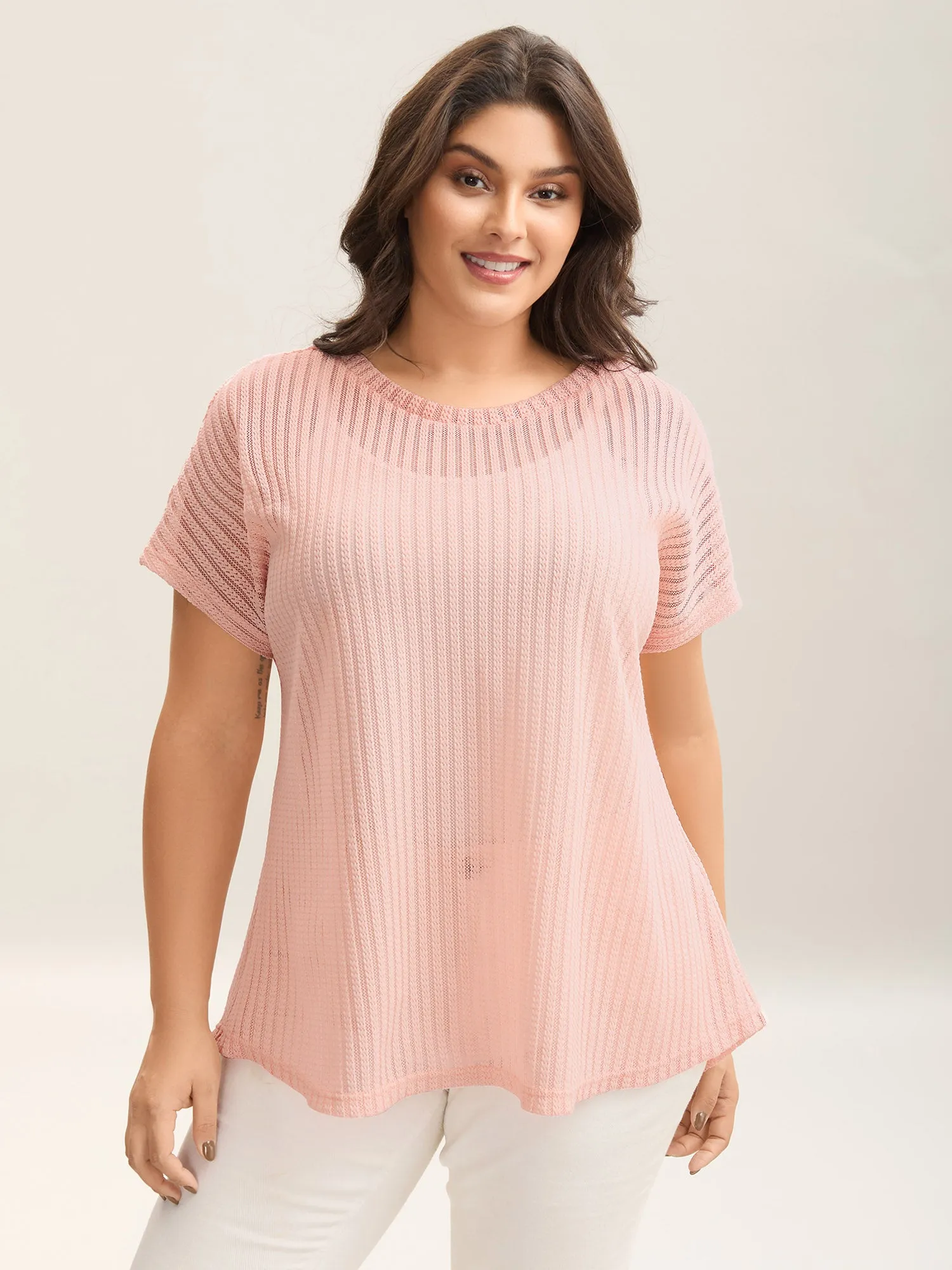 Sheer Stretchy Knit Crewneck Top sold by Bloomchic