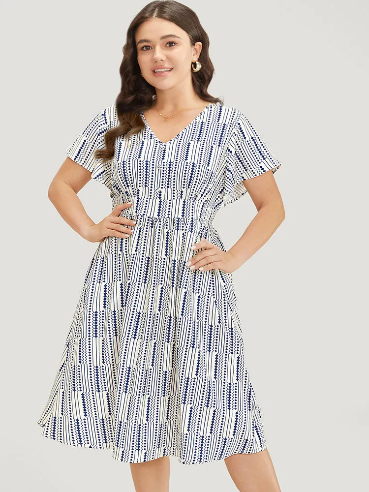 Geometric Print Button Detail Pocket Ruffle Sleeve Dress sold by Bloomchic