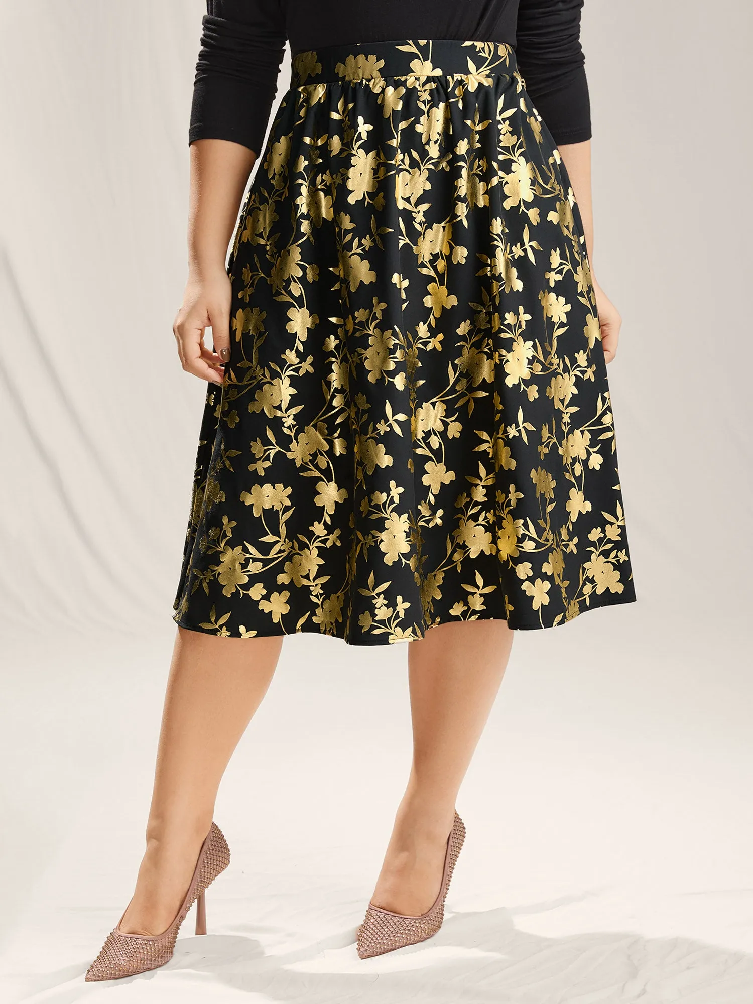 Shimmery Floral Hot Stamping Midi Skirt sold by Bloomchic
