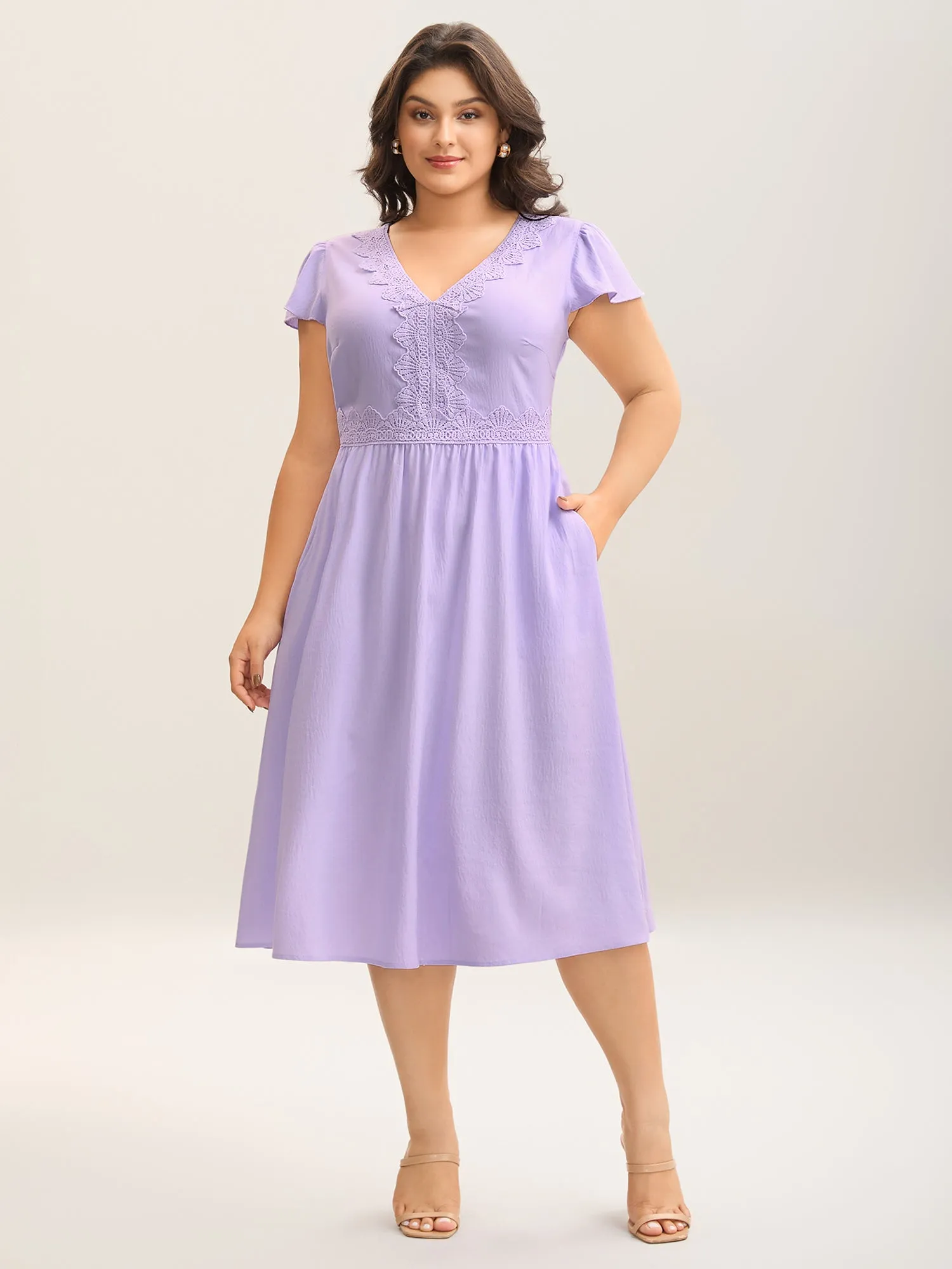 Lace Trim Flutter Sleeve Midi Dress sold by Bloomchic product image thumbnail 3