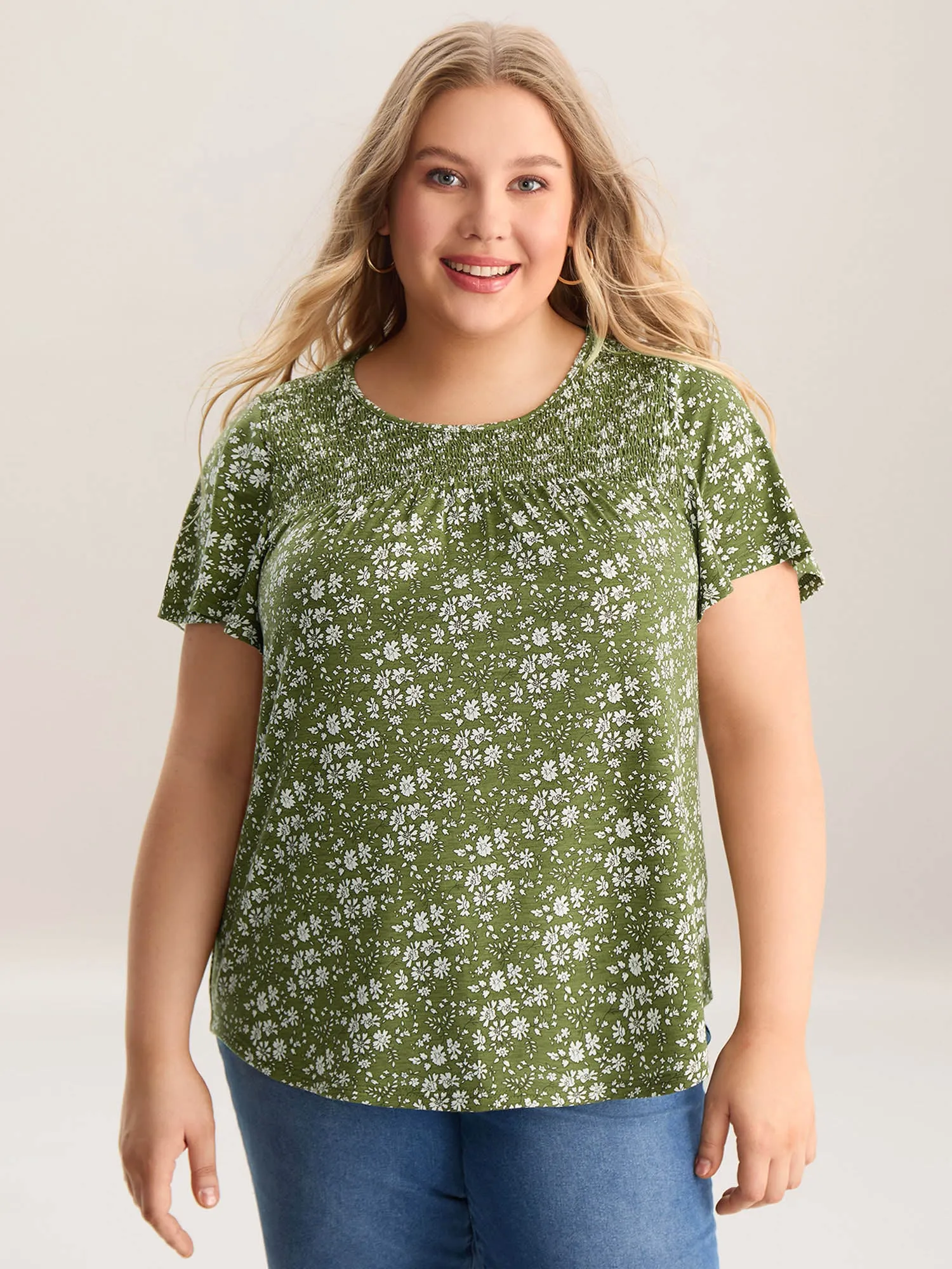 Floral Print Shirred Neck T-Shirt sold by Bloomchic