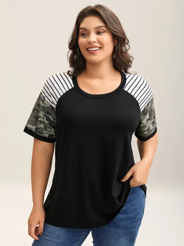Striped Camouflage Print Round Neck T-Shirt sold by Bloomchic