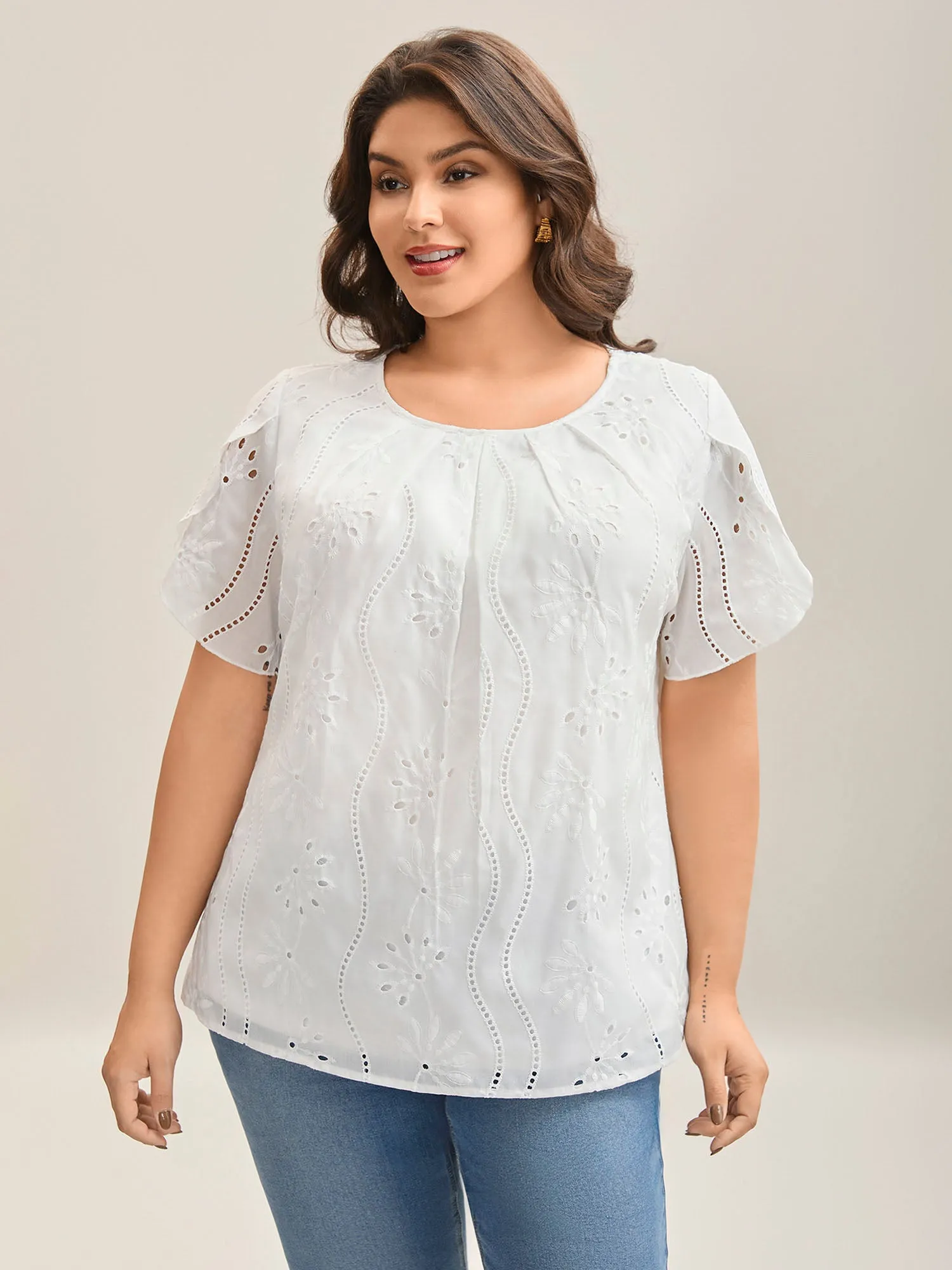 Embroidered Eyelet Trim Pleated Shirt sold by Bloomchic