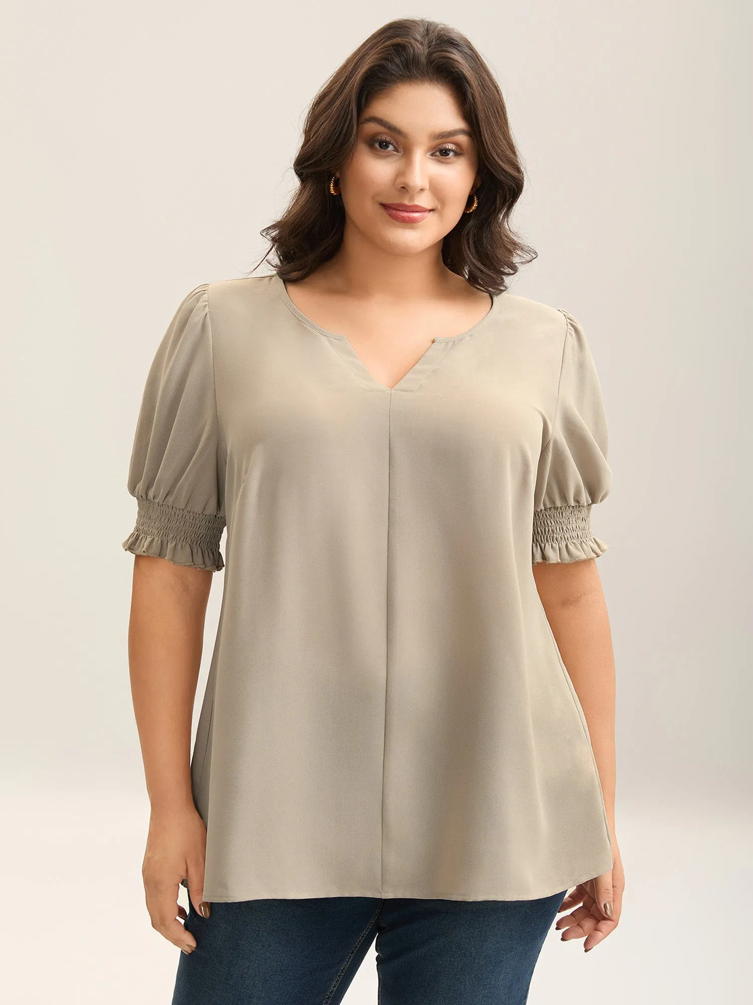 Shirred Puff Sleeve Split Neck Shirt sold by Bloomchic