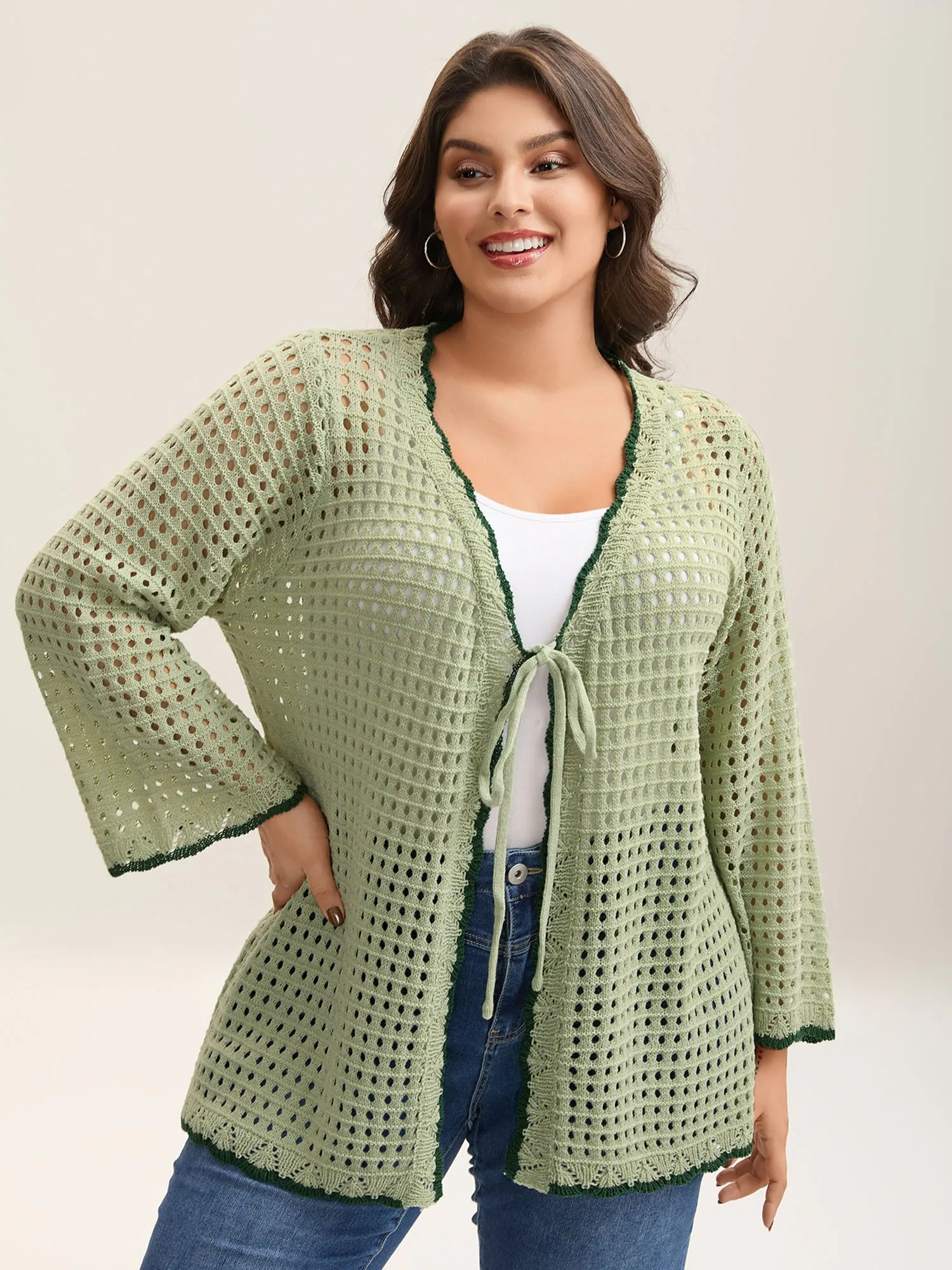 Contrast Hem Front Mid Tie Knit Cardigan sold by Bloomchic