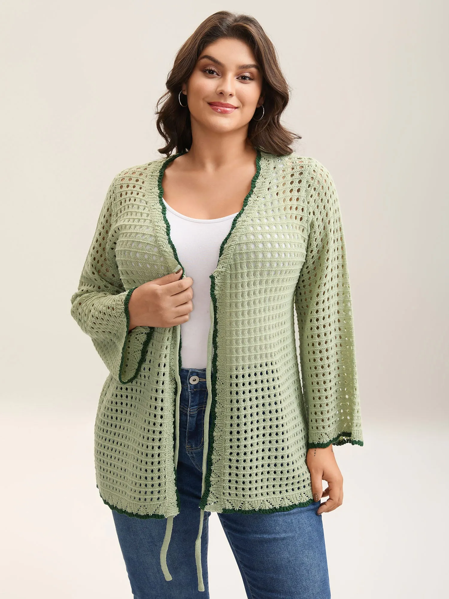 Contrast Hem Front Mid Tie Knit Cardigan sold by Bloomchic product image thumbnail 4