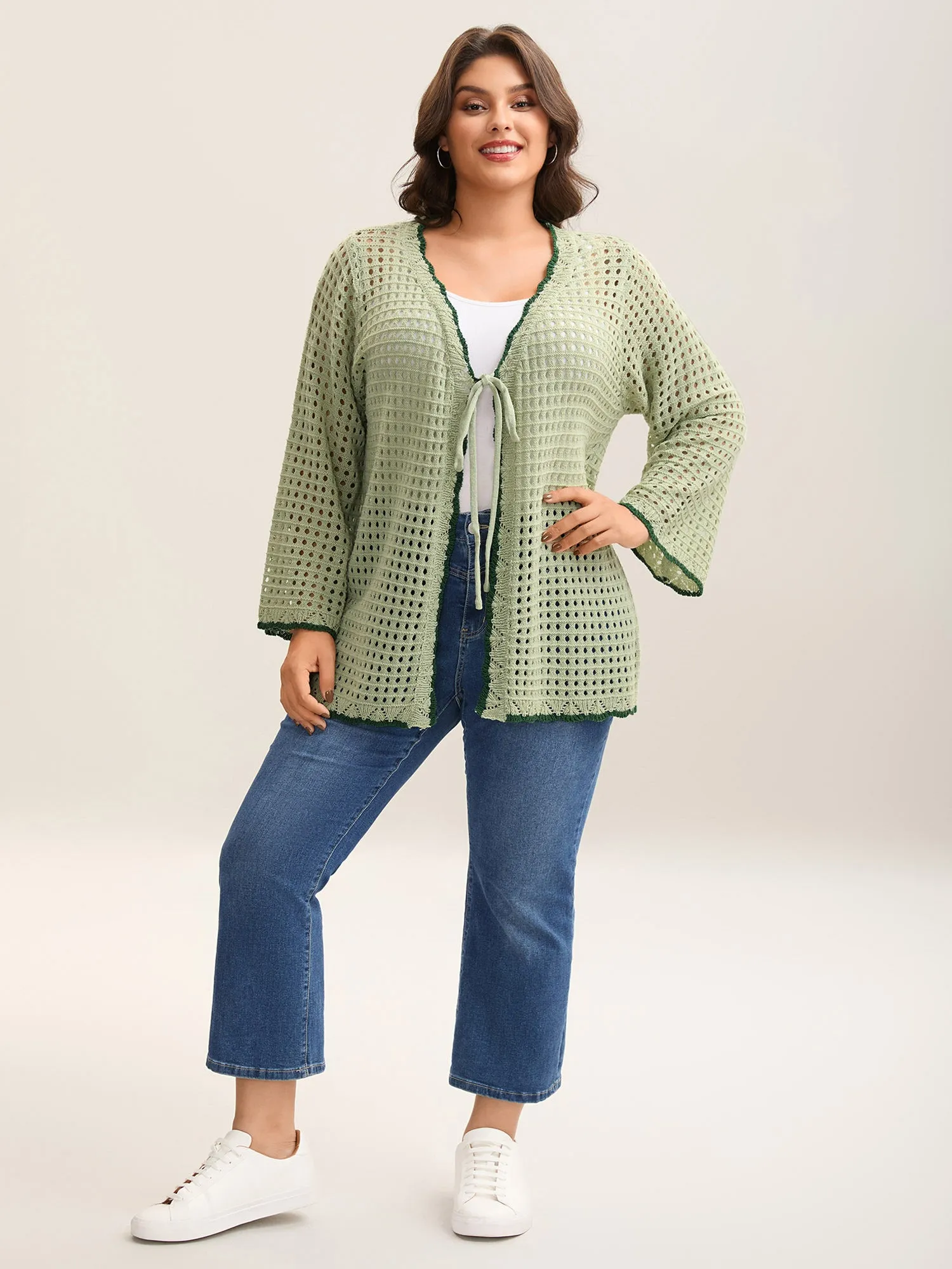 Contrast Hem Front Mid Tie Knit Cardigan sold by Bloomchic product image thumbnail 3