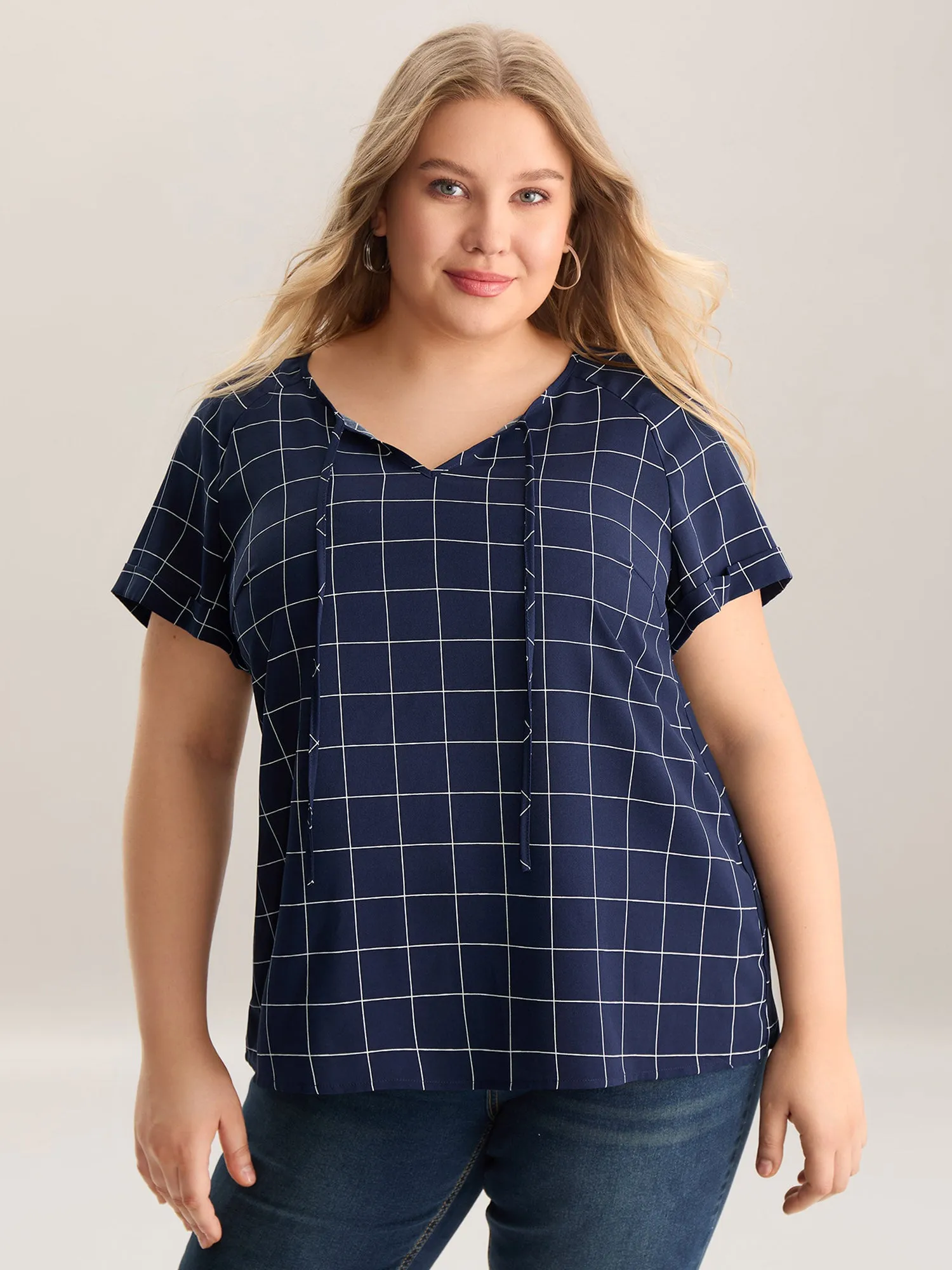 Checkered Print Neck Tie Blouse sold by Bloomchic