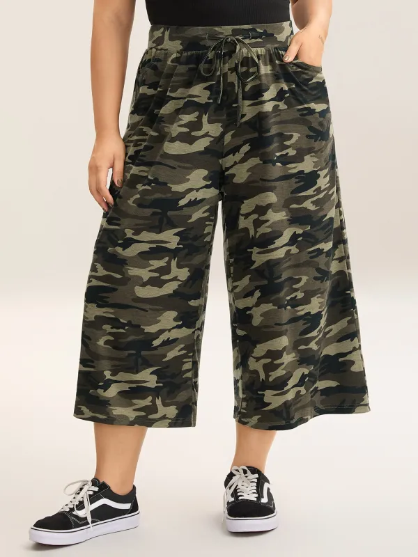 Camouflage Print Tie-Waist Wide-Leg Pants sold by Bloomchic