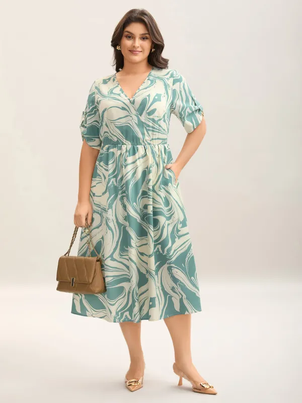 Abstract Print Gathered Sleeve Midi Dress sold by Bloomchic