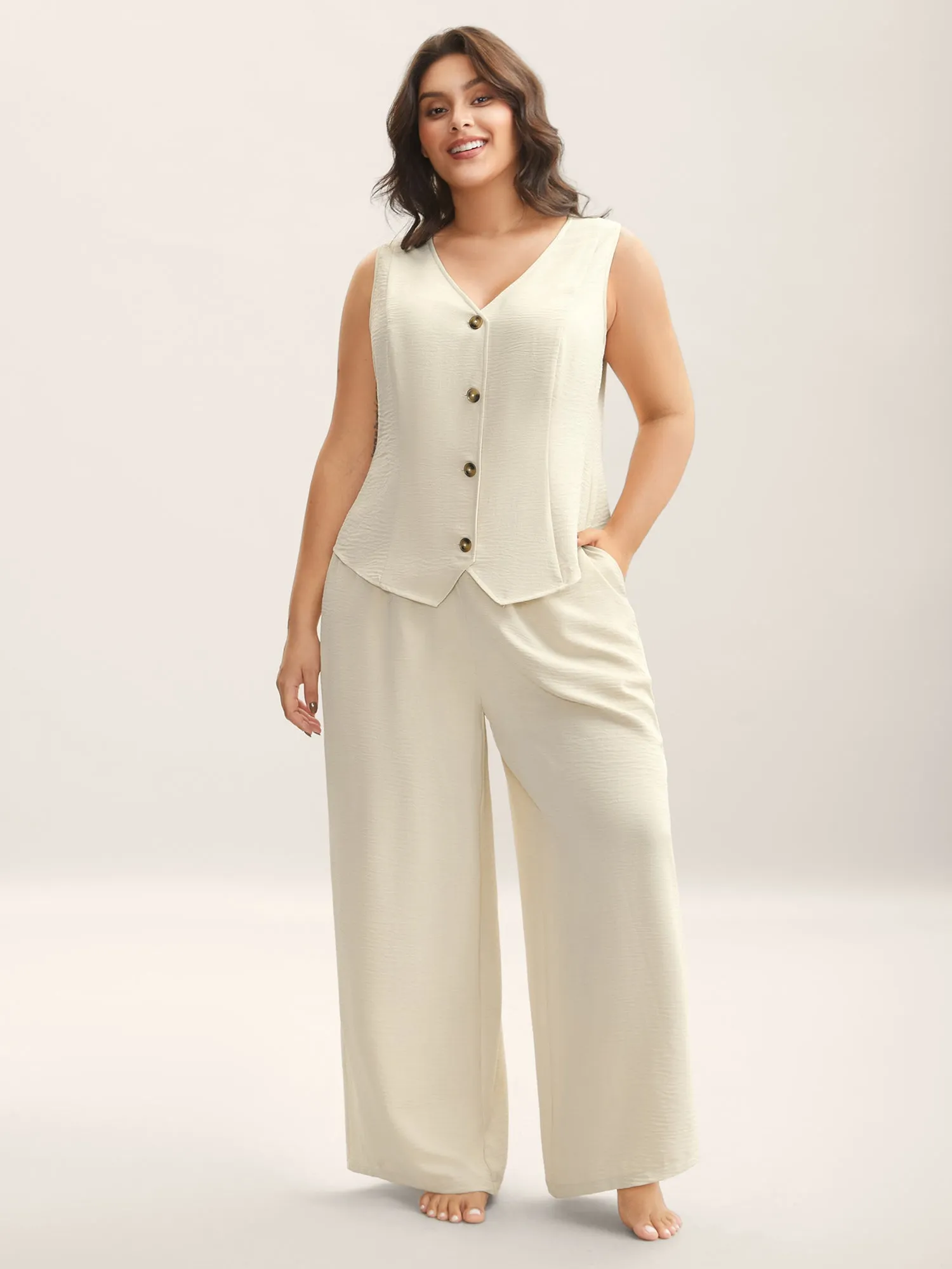 Textured Stretchy Button Detail Co-Ord Set sold by Bloomchic