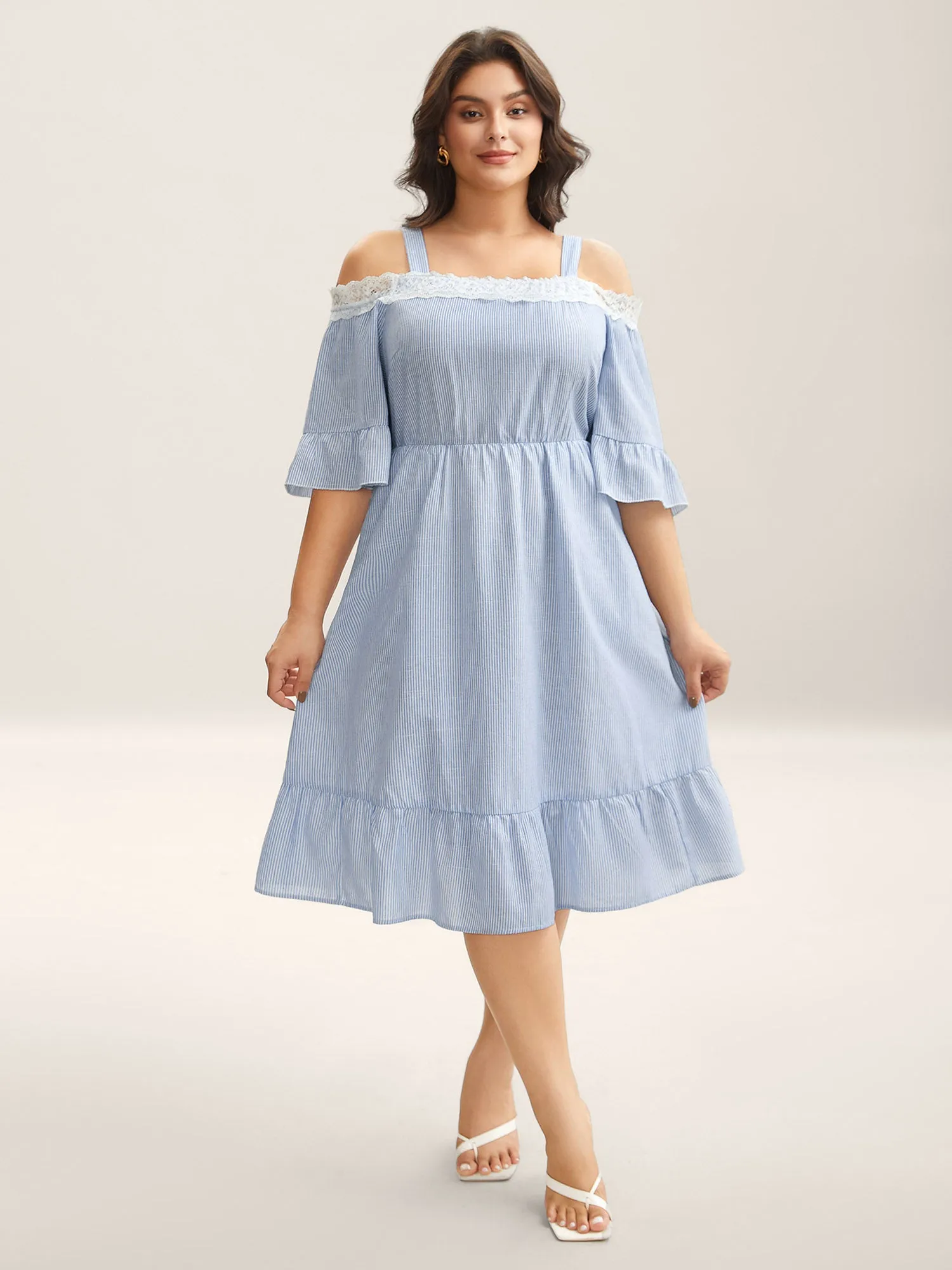 Striped Cold Shoulder Lace Midi Dress sold by Bloomchic