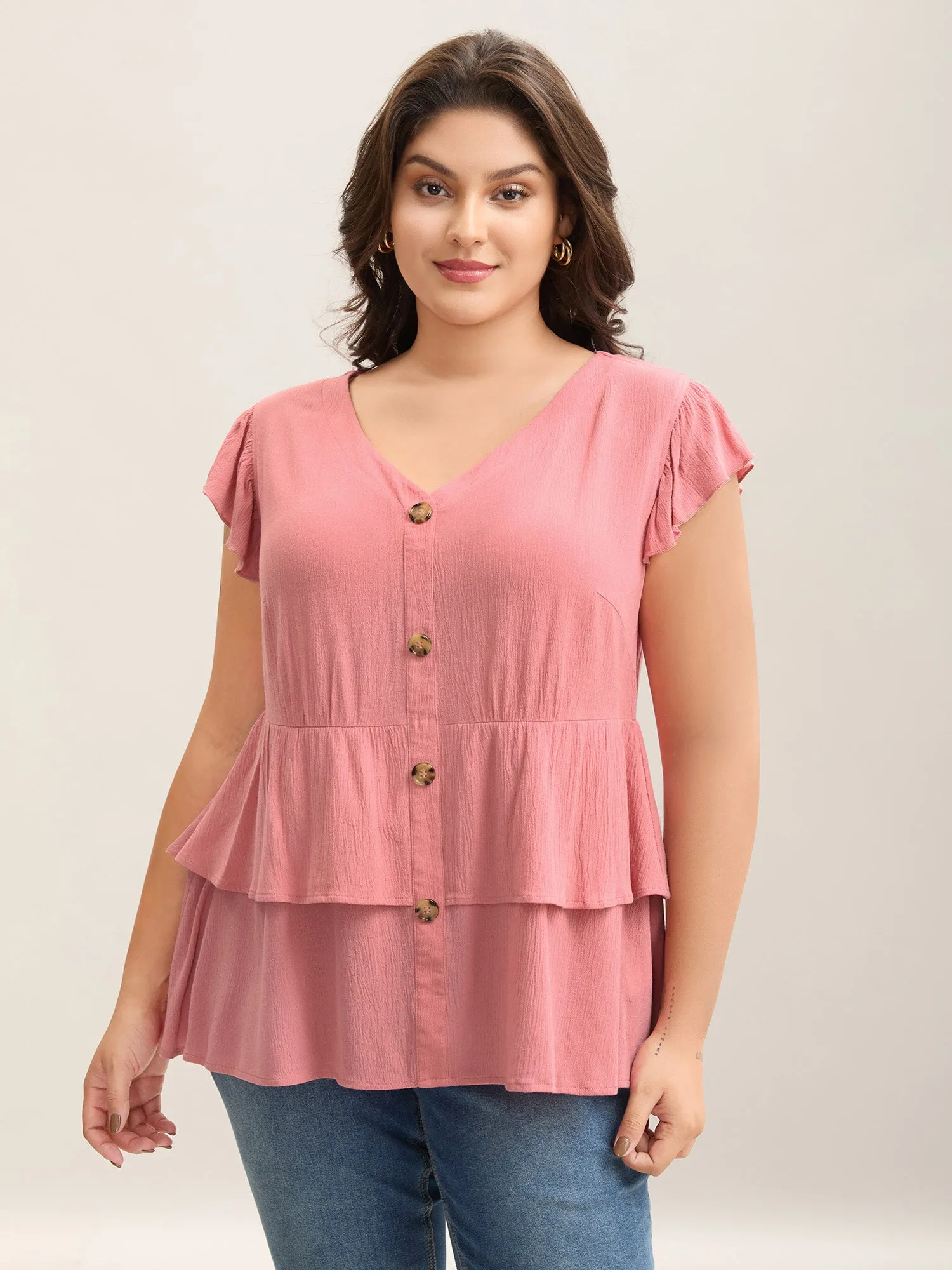 Rayon Ruffled Layered Hem Button Blouse sold by Bloomchic