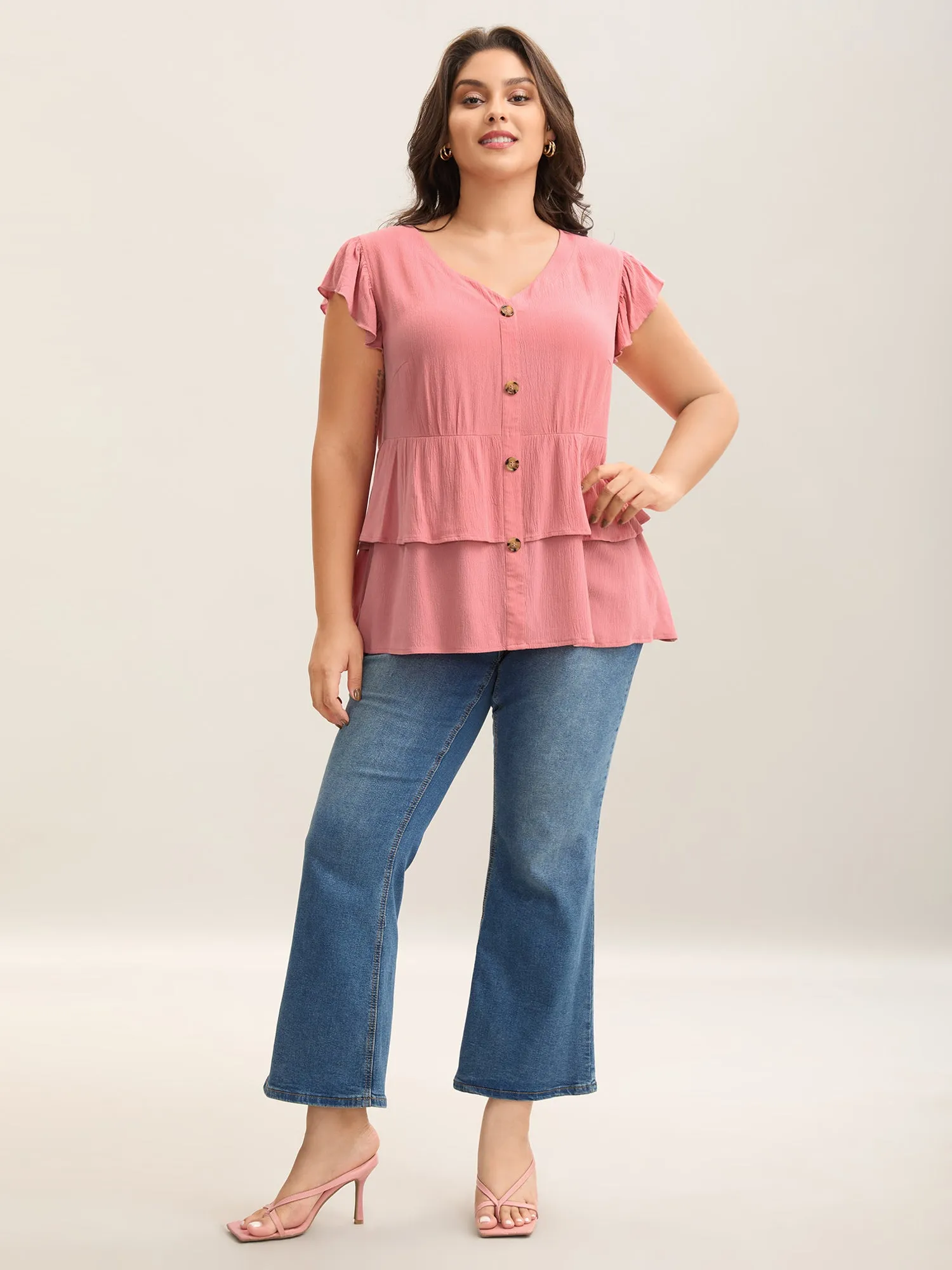 Rayon Ruffled Layered Hem Button Blouse sold by Bloomchic product image thumbnail 3
